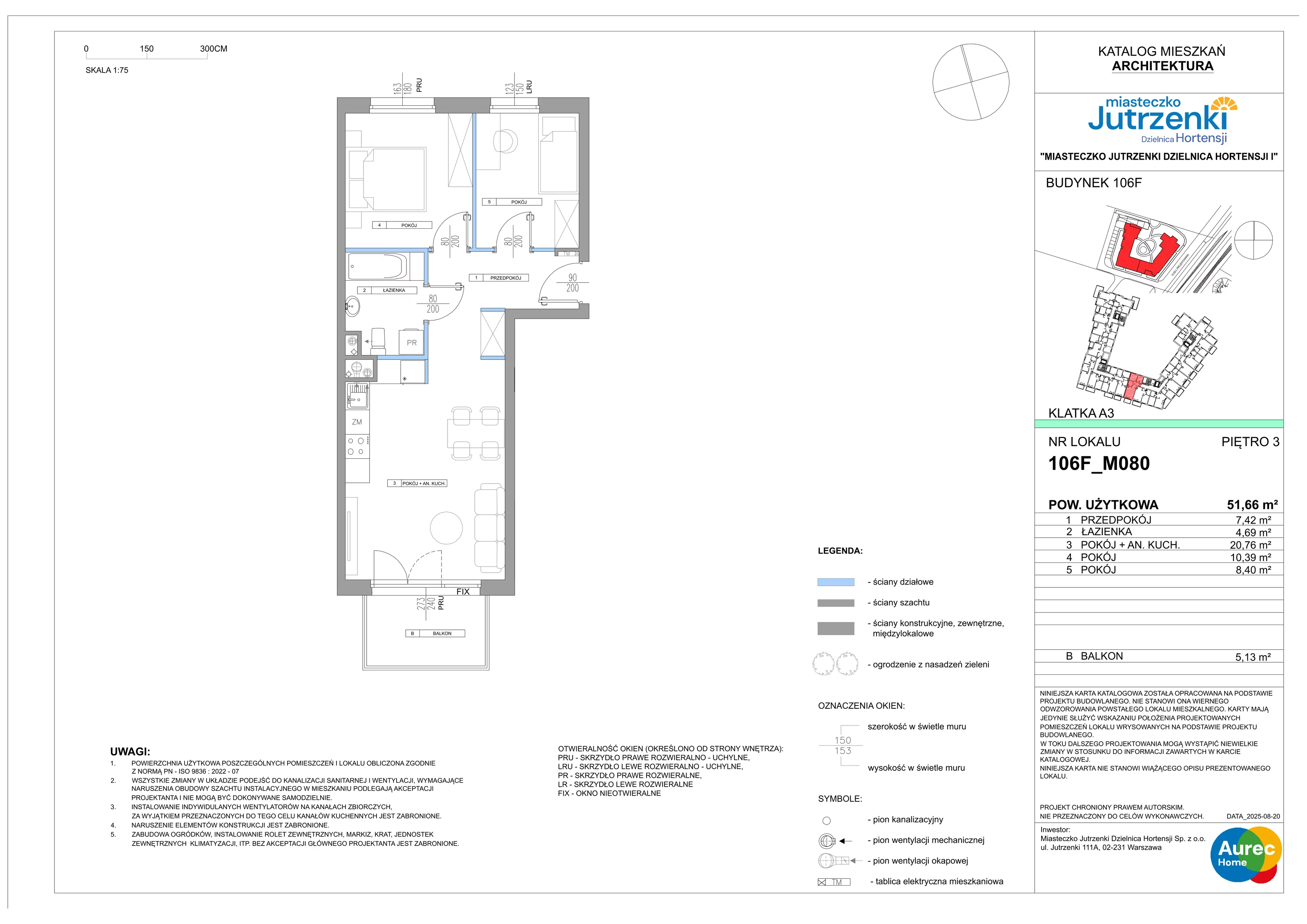 3 pokoje, mieszkanie 51,66 m², piętro 3, oferta nr 106F/M080, Miasteczko Jutrzenki Dzielnica Hortensji, Warszawa, Włochy, ul. Jutrzenki 106F
