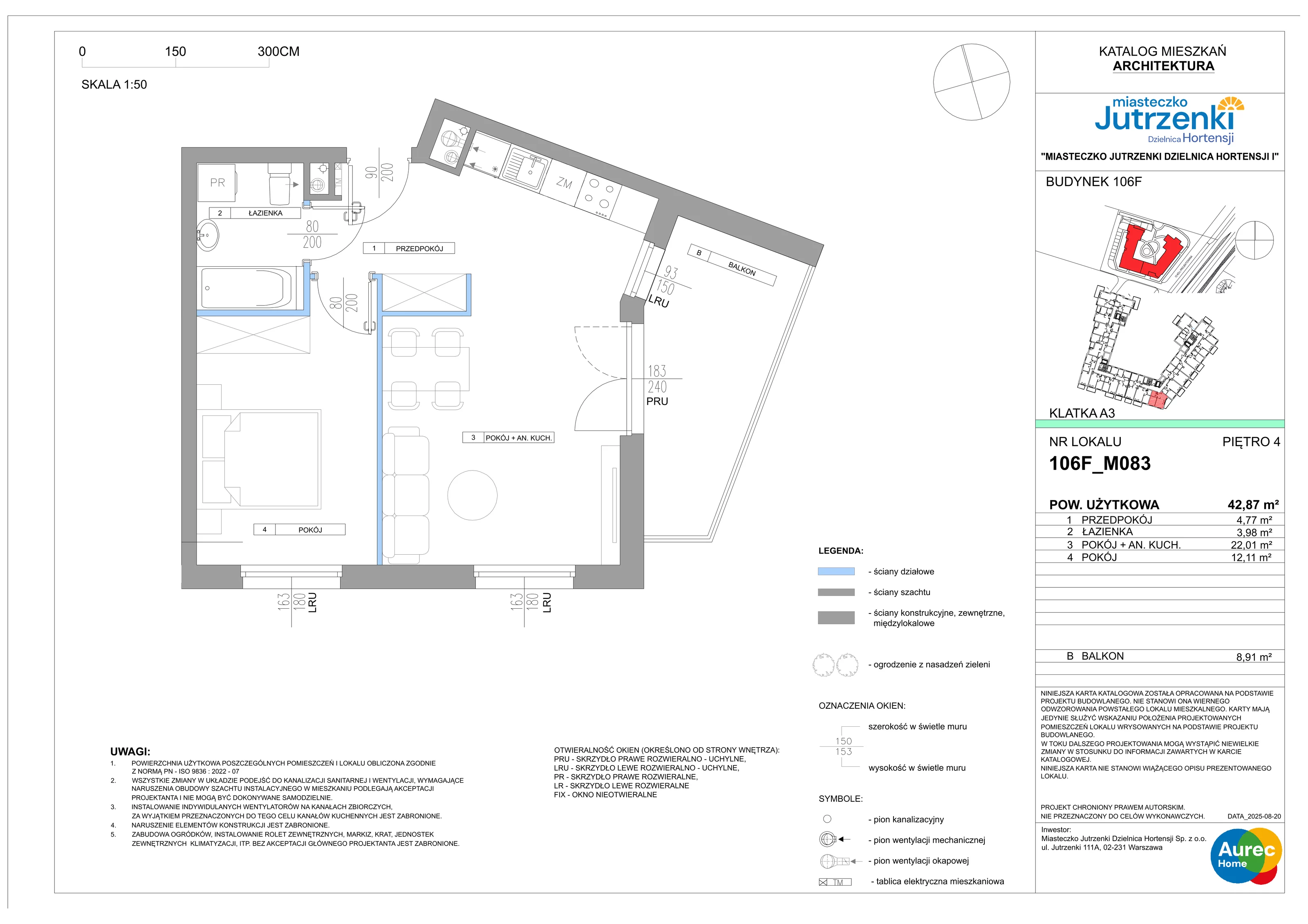 2 pokoje, mieszkanie 42,87 m², piętro 4, oferta nr 106F/M083, Miasteczko Jutrzenki Dzielnica Hortensji, Warszawa, Włochy, ul. Jutrzenki 106F