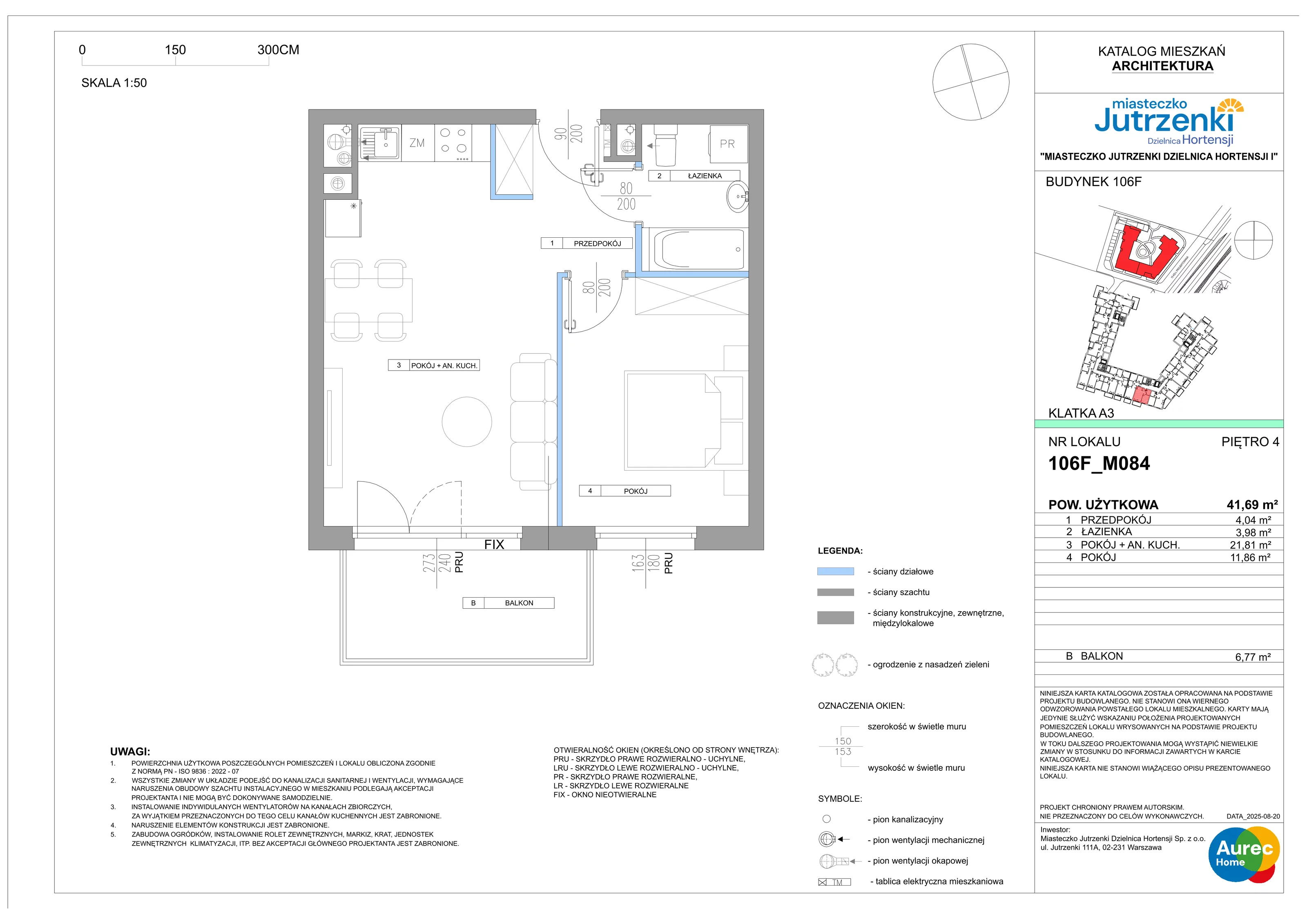 2 pokoje, mieszkanie 41,69 m², piętro 4, oferta nr 106F/M084, Miasteczko Jutrzenki Dzielnica Hortensji, Warszawa, Włochy, ul. Jutrzenki 106F