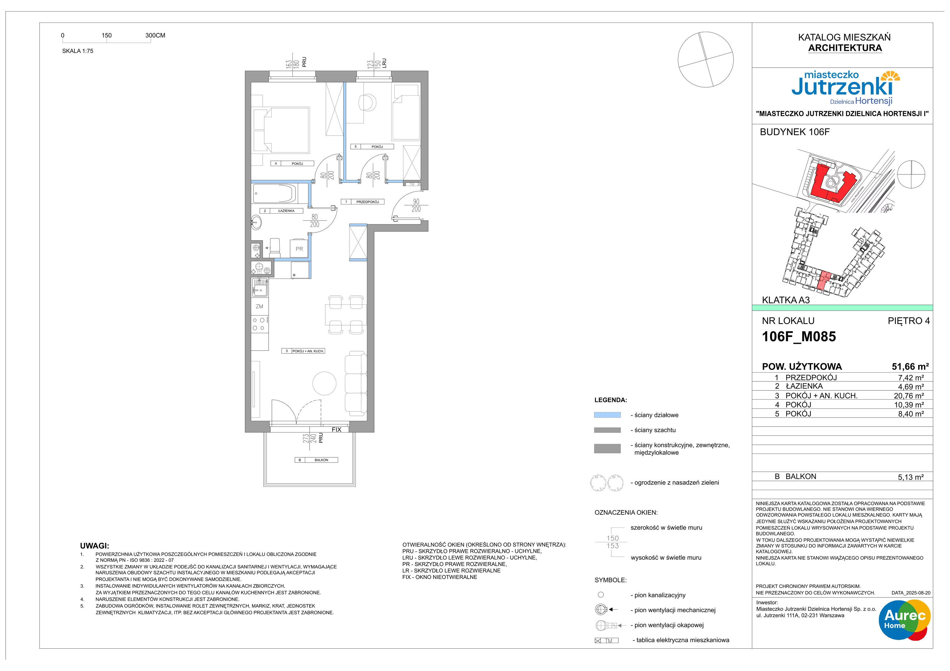 3 pokoje, mieszkanie 51,66 m², piętro 4, oferta nr 106F/M085, Miasteczko Jutrzenki Dzielnica Hortensji, Warszawa, Włochy, ul. Jutrzenki 106F