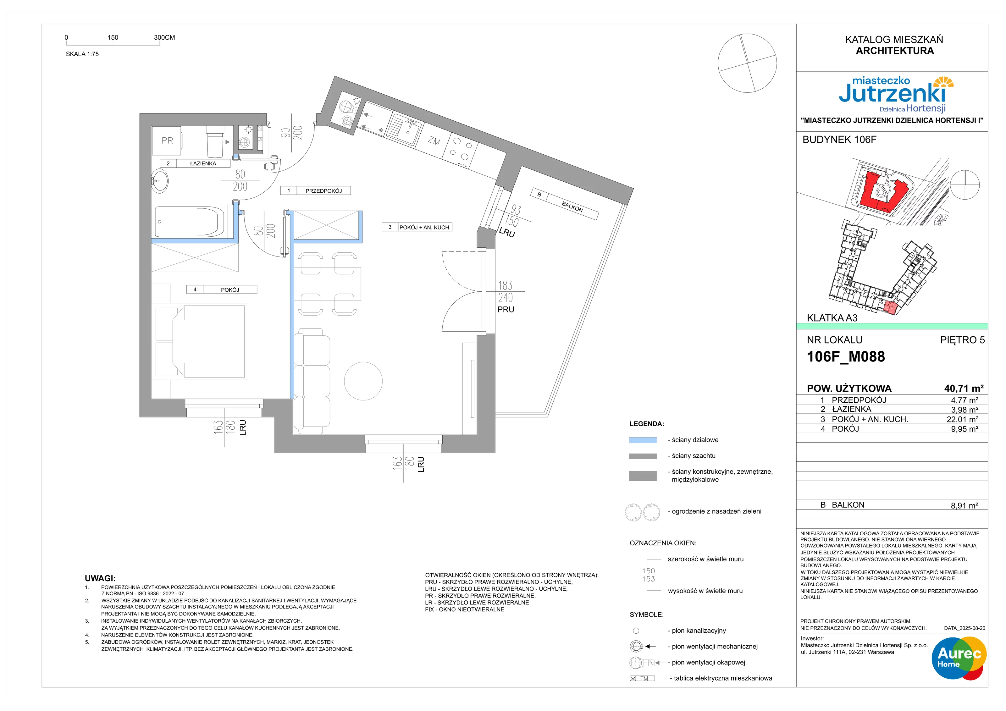 2 pokoje, mieszkanie 40,71 m², piętro 5, oferta nr 106F/M088, Miasteczko Jutrzenki Dzielnica Hortensji, Warszawa, Włochy, ul. Jutrzenki 106F