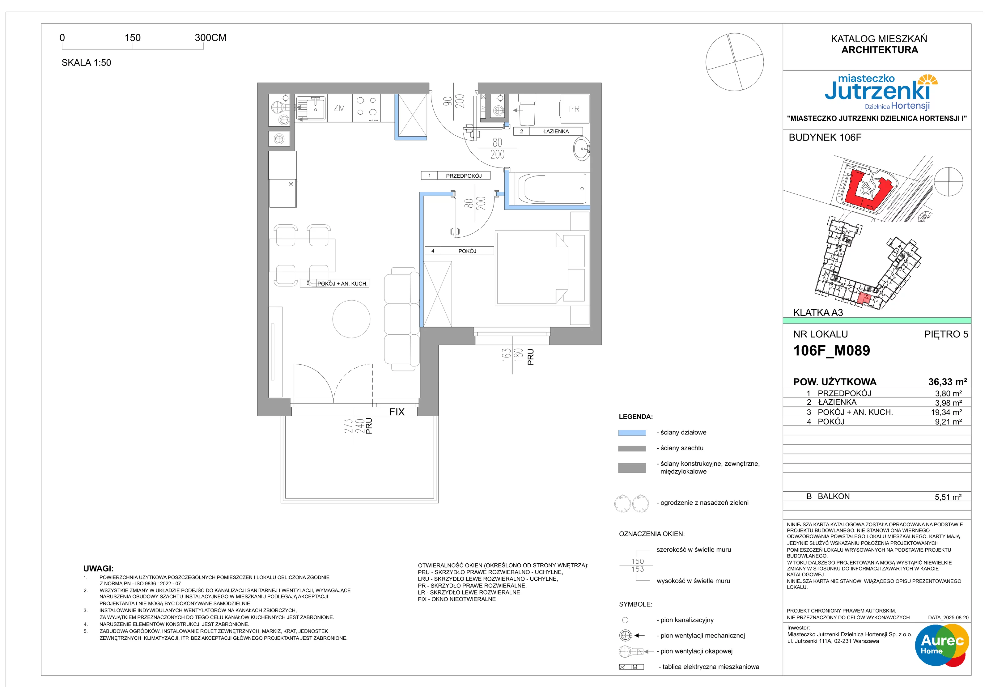 2 pokoje, mieszkanie 36,33 m², piętro 5, oferta nr 106F/M089, Miasteczko Jutrzenki Dzielnica Hortensji, Warszawa, Włochy, ul. Jutrzenki 106F