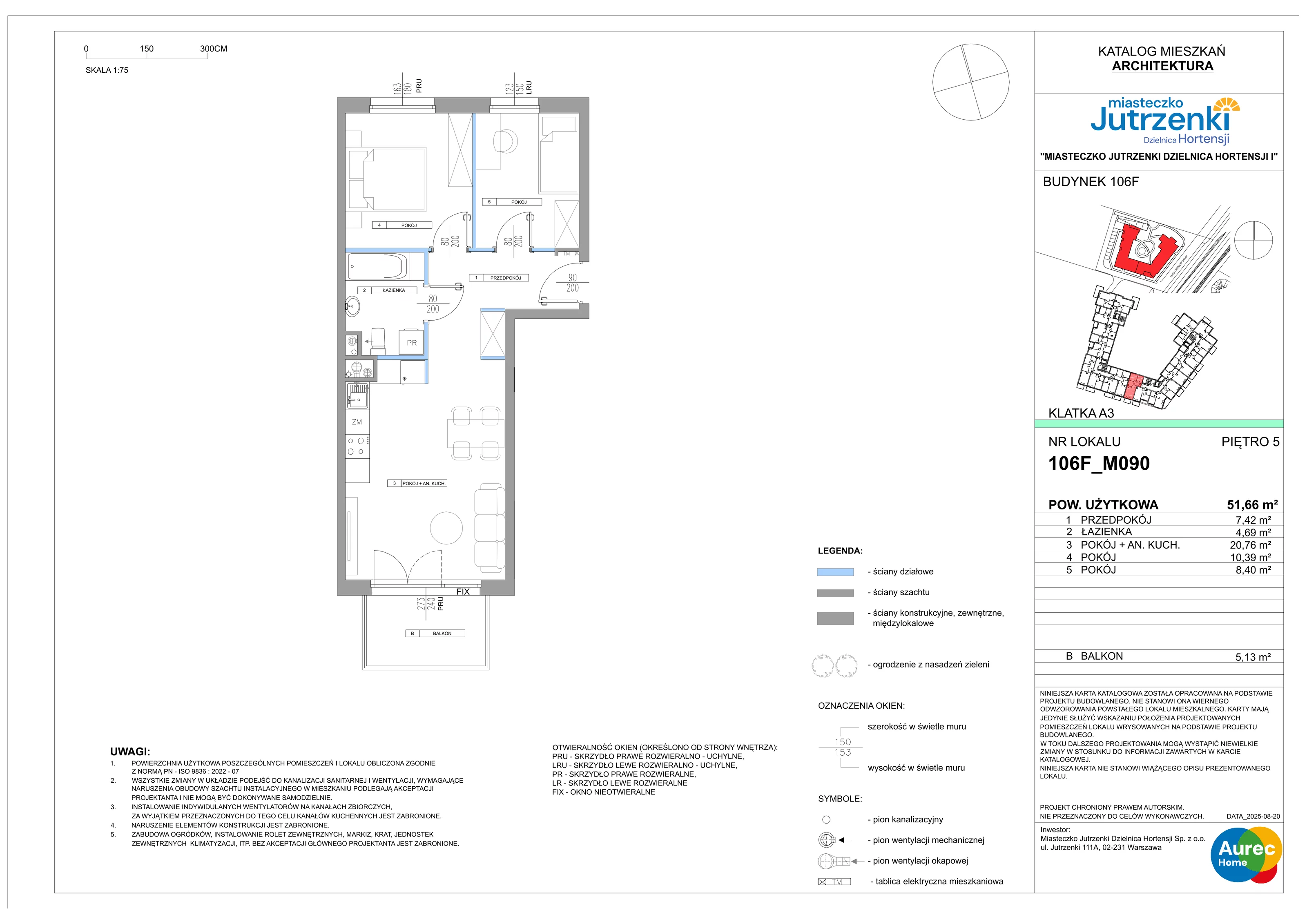3 pokoje, mieszkanie 51,66 m², piętro 5, oferta nr 106F/M090, Miasteczko Jutrzenki Dzielnica Hortensji, Warszawa, Włochy, ul. Jutrzenki 106F
