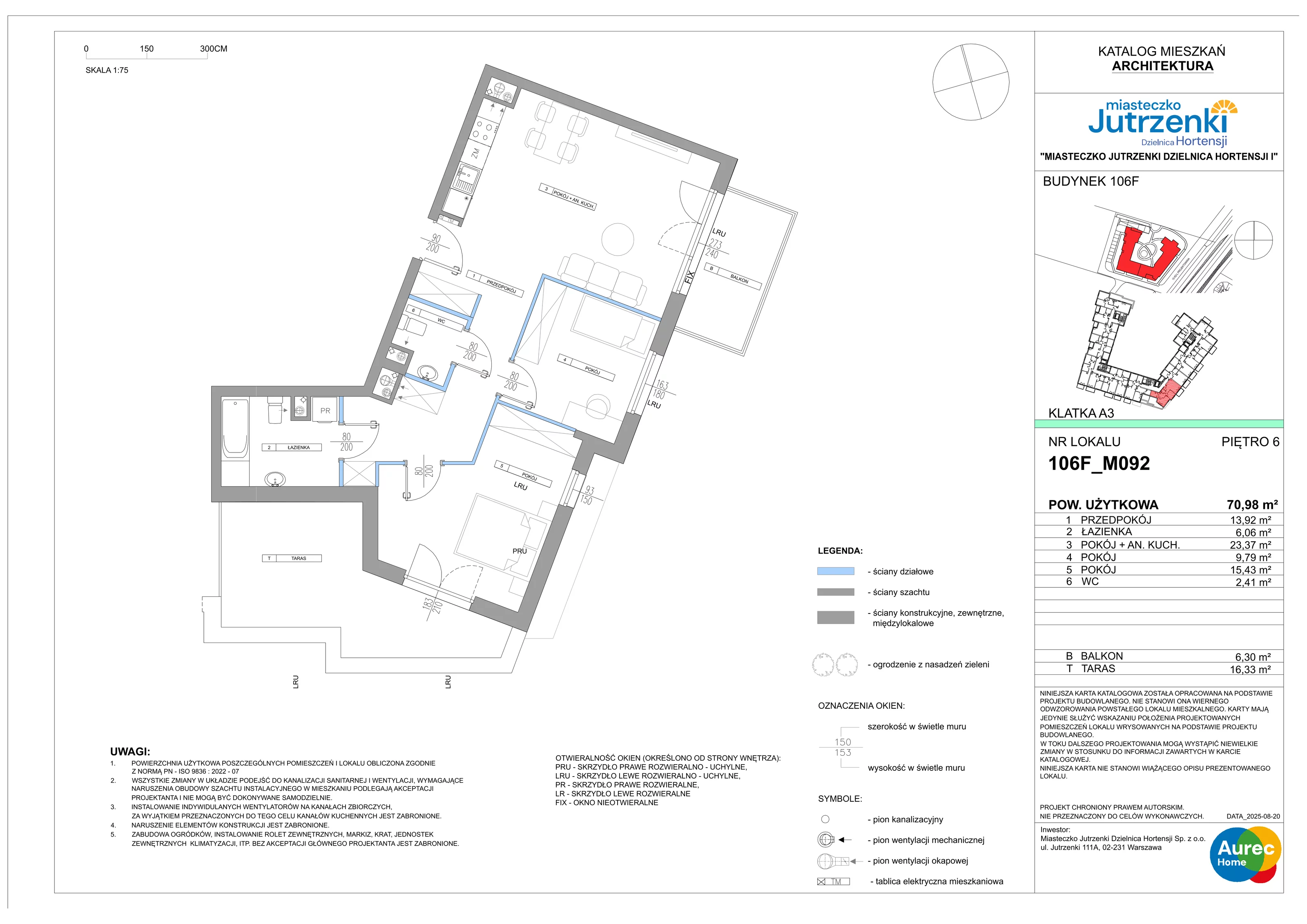 3 pokoje, mieszkanie 70,98 m², piętro 6, oferta nr 106F/M092, Miasteczko Jutrzenki Dzielnica Hortensji, Warszawa, Włochy, ul. Jutrzenki 106F