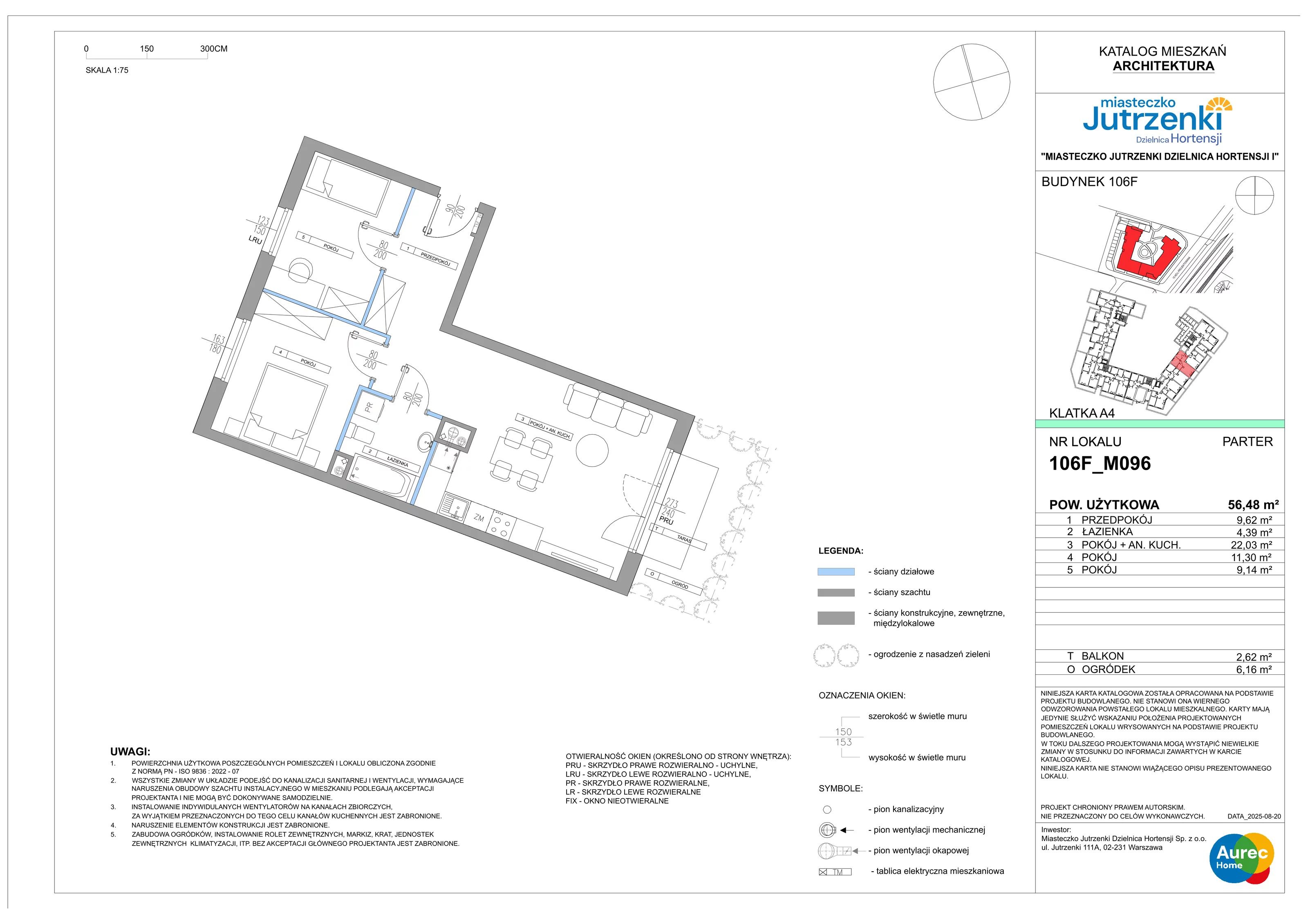 3 pokoje, mieszkanie 56,48 m², parter, oferta nr 106F/M096, Miasteczko Jutrzenki Dzielnica Hortensji, Warszawa, Włochy, ul. Jutrzenki 106F