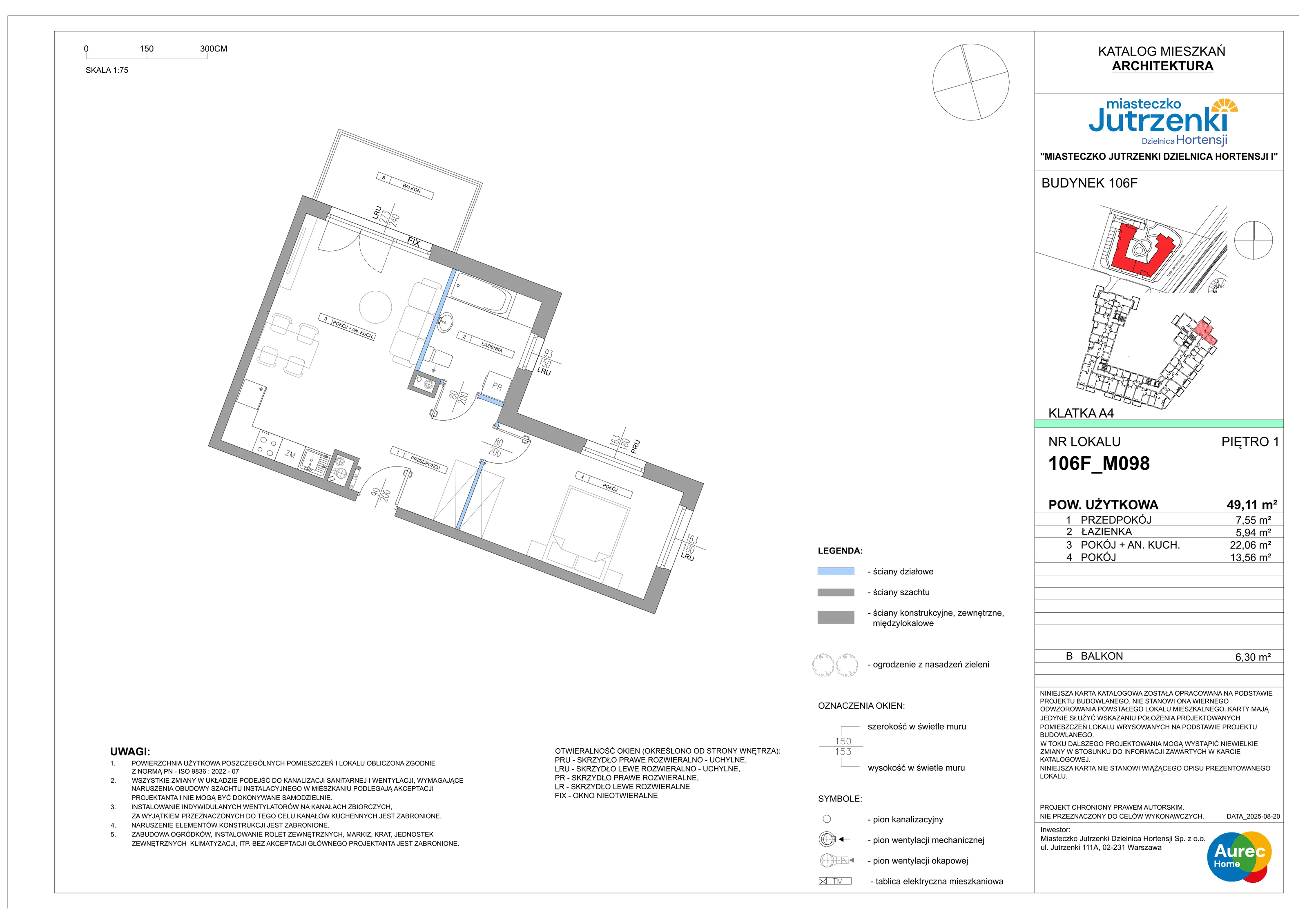 2 pokoje, mieszkanie 49,11 m², piętro 1, oferta nr 106F/M098, Miasteczko Jutrzenki Dzielnica Hortensji, Warszawa, Włochy, ul. Jutrzenki 106F