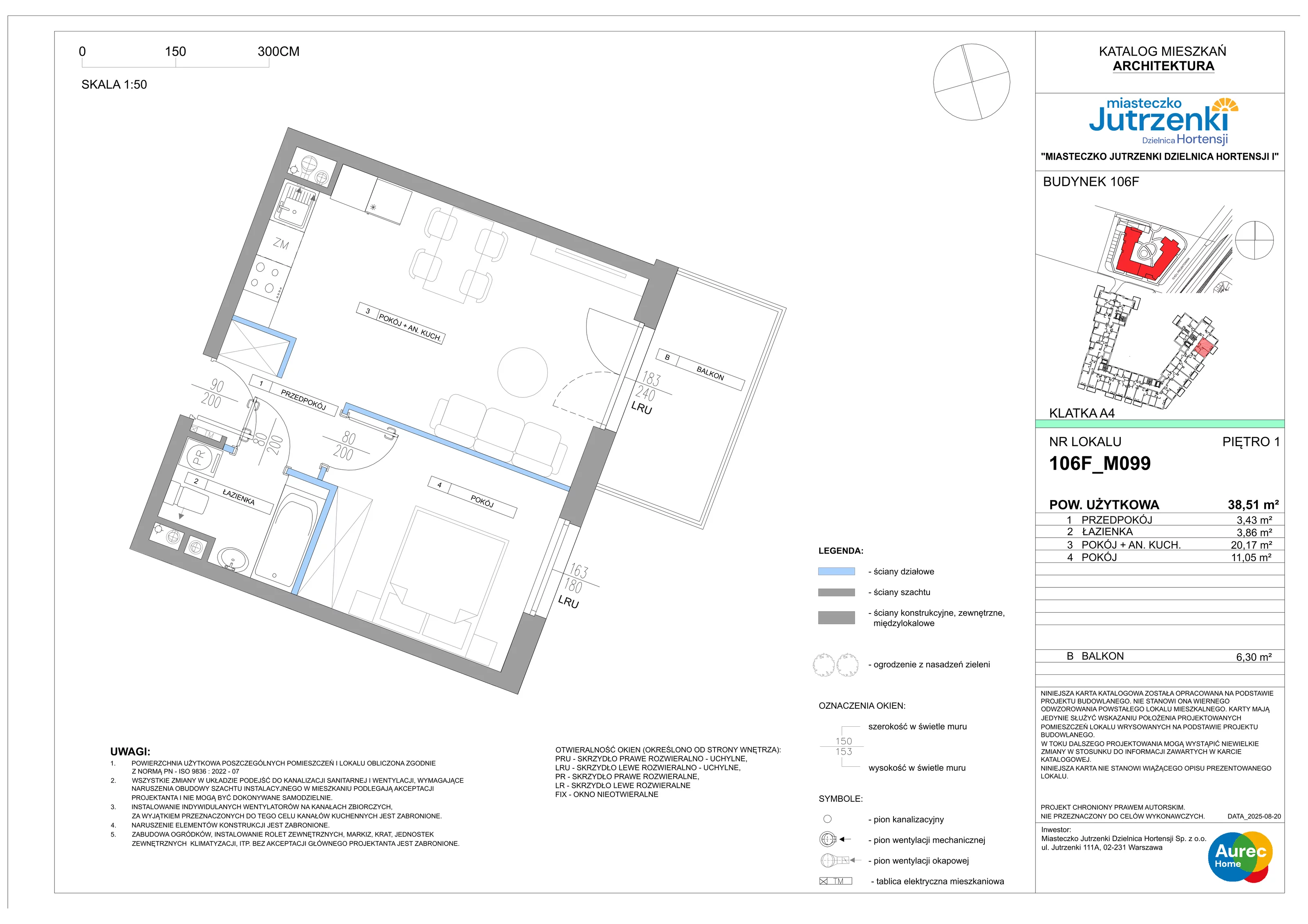 2 pokoje, mieszkanie 38,51 m², piętro 1, oferta nr 106F/M099, Miasteczko Jutrzenki Dzielnica Hortensji, Warszawa, Włochy, ul. Jutrzenki 106F