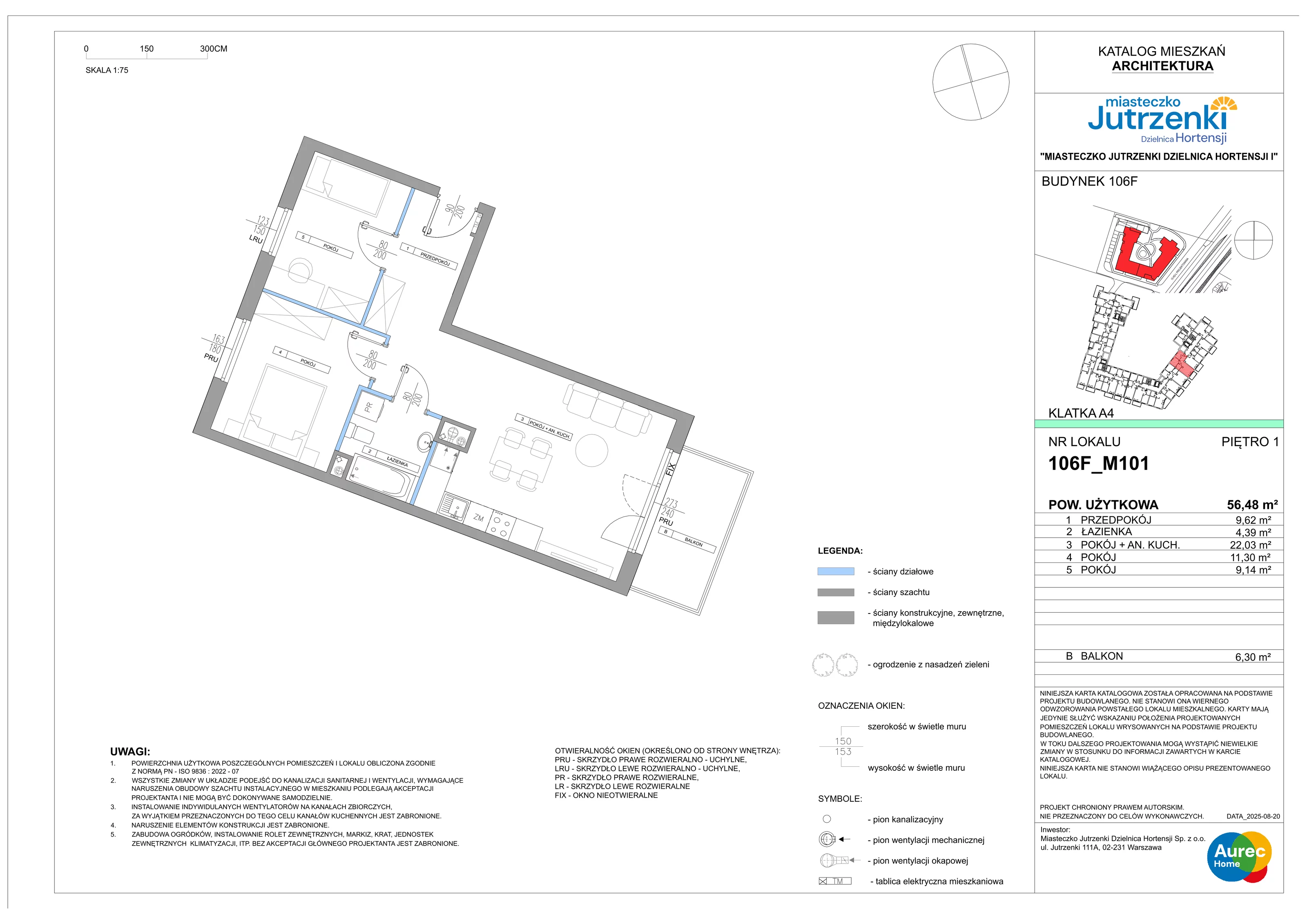 3 pokoje, mieszkanie 56,48 m², piętro 1, oferta nr 106F/M101, Miasteczko Jutrzenki Dzielnica Hortensji, Warszawa, Włochy, ul. Jutrzenki 106F