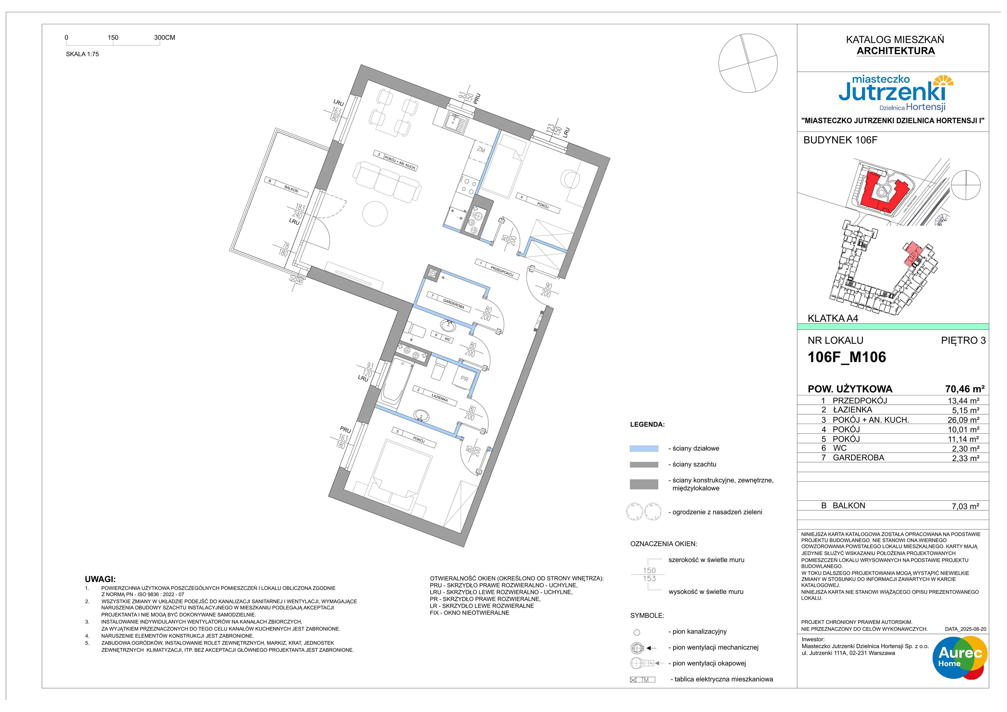 3 pokoje, mieszkanie 70,46 m², piętro 3, oferta nr 106F/M106, Miasteczko Jutrzenki Dzielnica Hortensji, Warszawa, Włochy, ul. Jutrzenki 106F