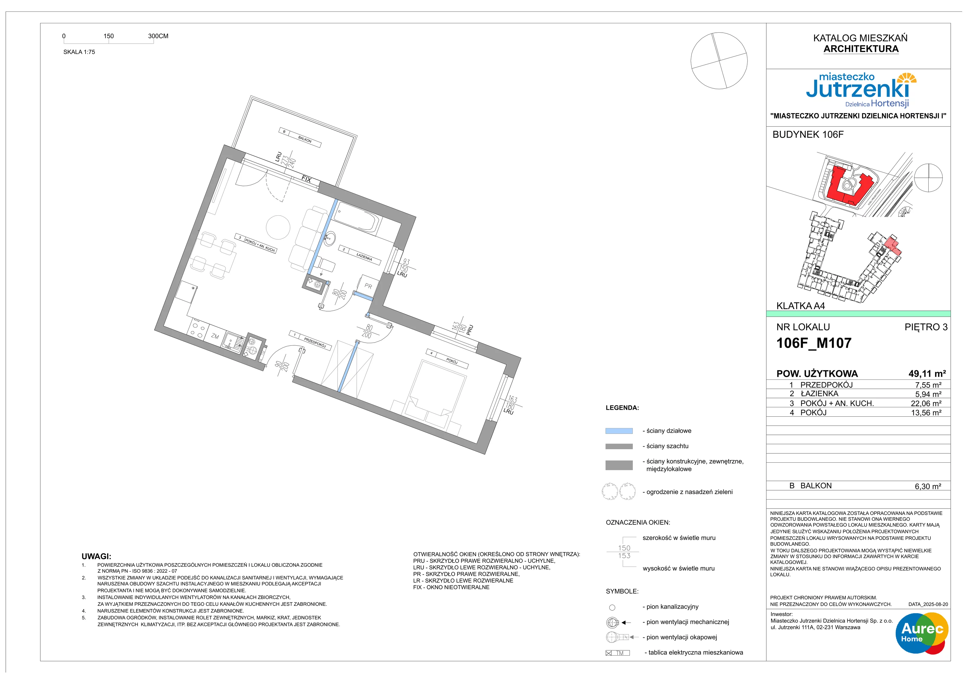 2 pokoje, mieszkanie 49,11 m², piętro 3, oferta nr 106F/M107, Miasteczko Jutrzenki Dzielnica Hortensji, Warszawa, Włochy, ul. Jutrzenki 106F