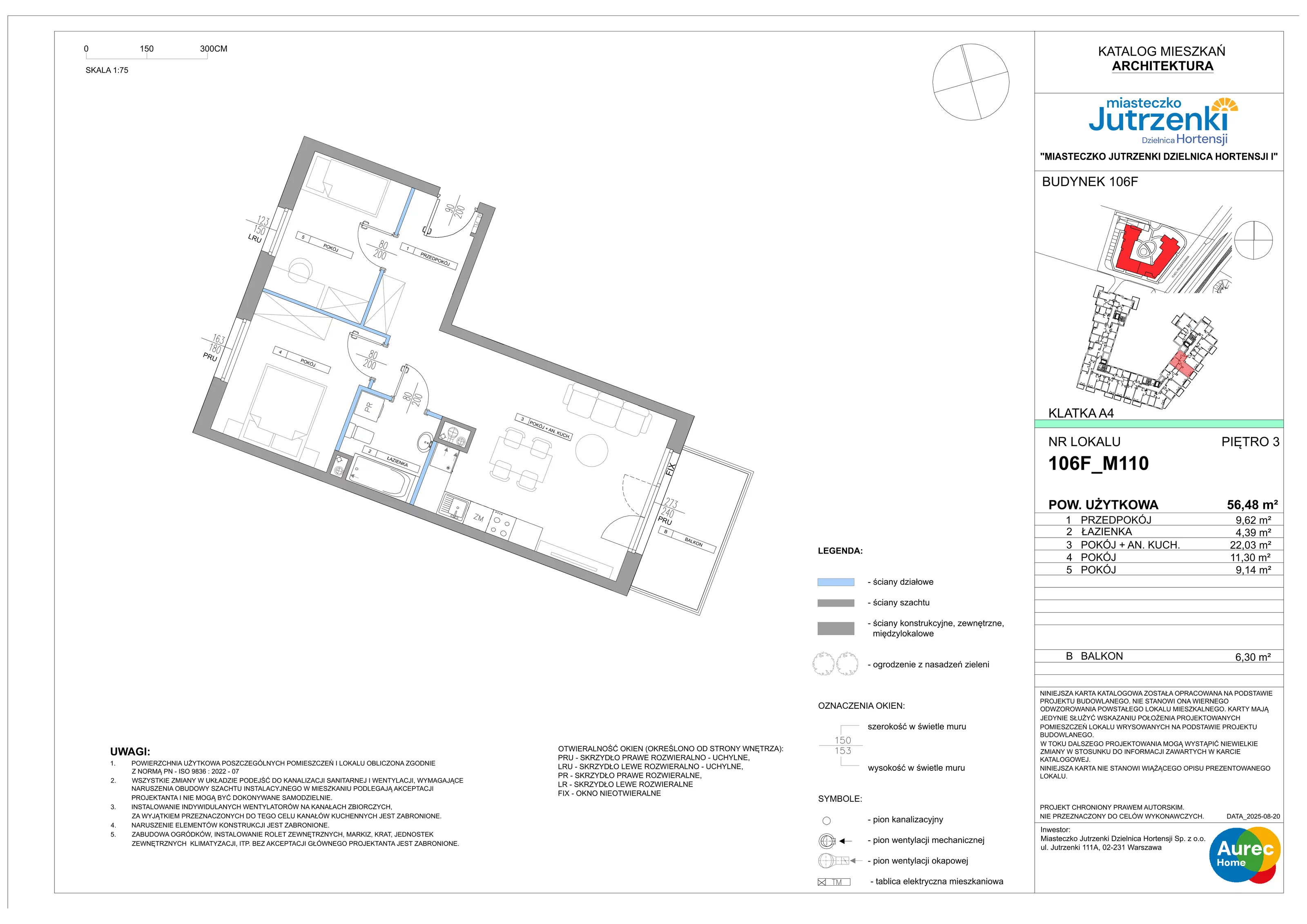 3 pokoje, mieszkanie 56,48 m², piętro 3, oferta nr 106F/M110, Miasteczko Jutrzenki Dzielnica Hortensji, Warszawa, Włochy, ul. Jutrzenki 106F