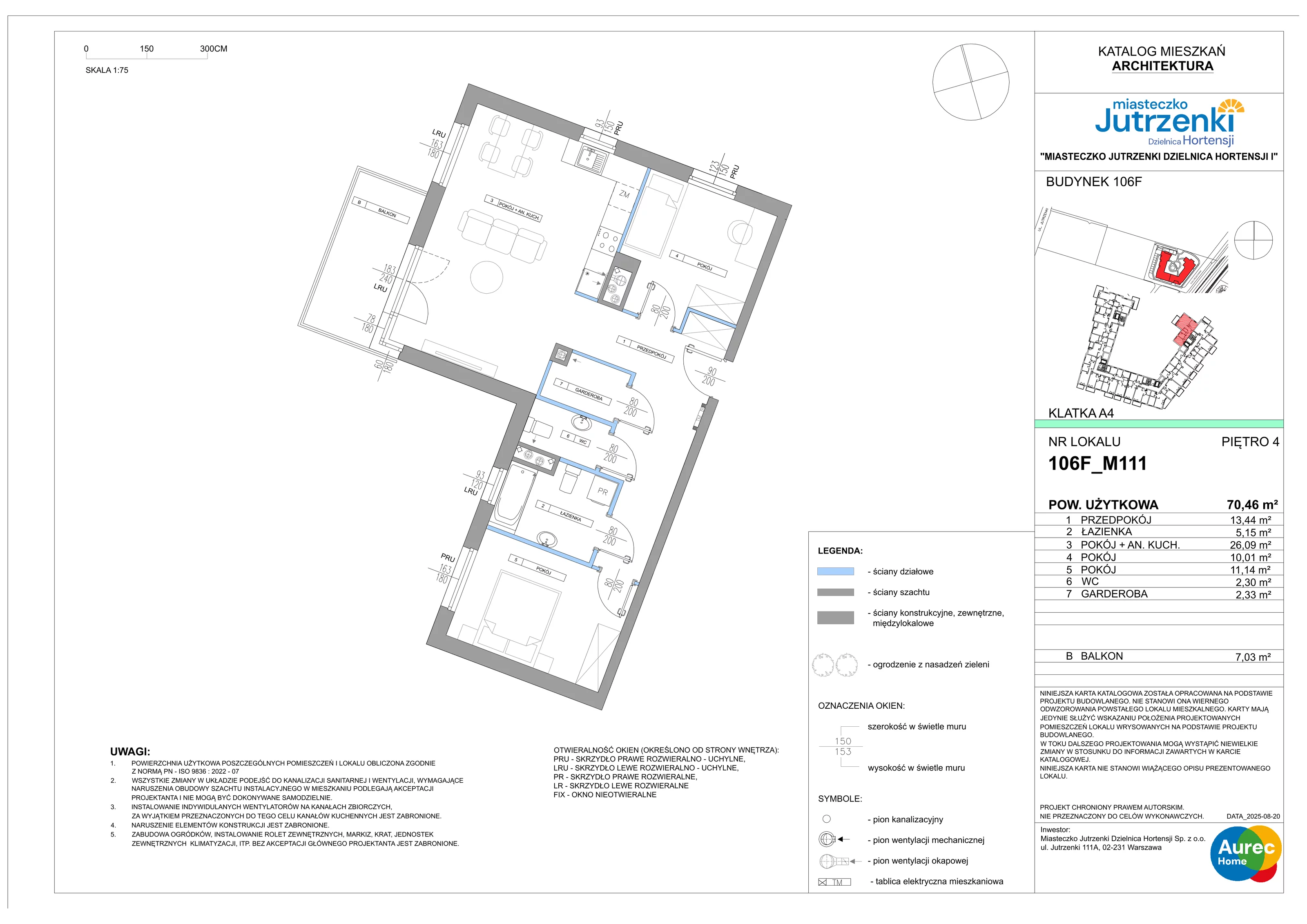 3 pokoje, mieszkanie 70,46 m², piętro 4, oferta nr 106F/M111, Miasteczko Jutrzenki Dzielnica Hortensji, Warszawa, Włochy, ul. Jutrzenki 106F