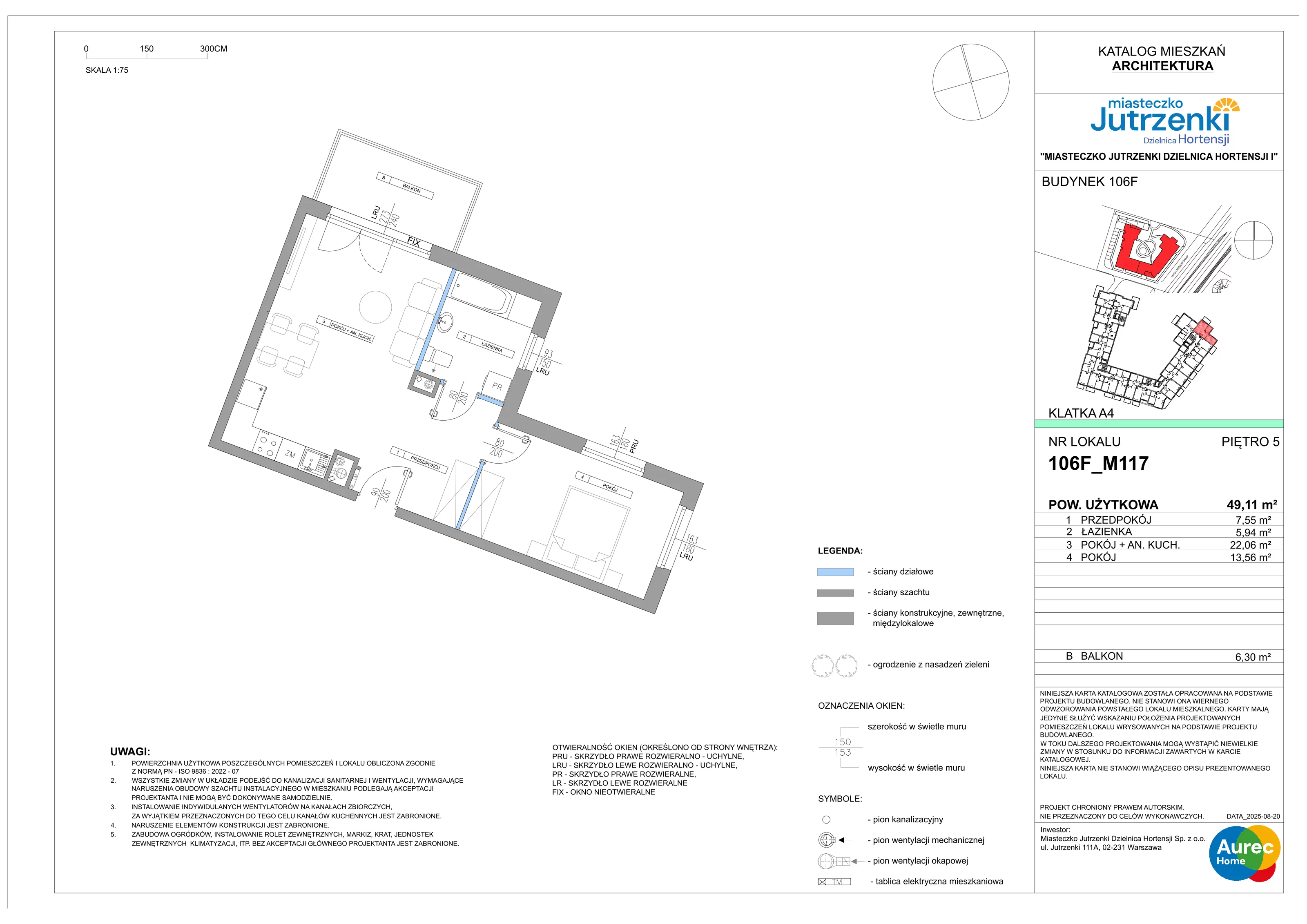 2 pokoje, mieszkanie 49,11 m², piętro 5, oferta nr 106F/M117, Miasteczko Jutrzenki Dzielnica Hortensji, Warszawa, Włochy, ul. Jutrzenki 106F