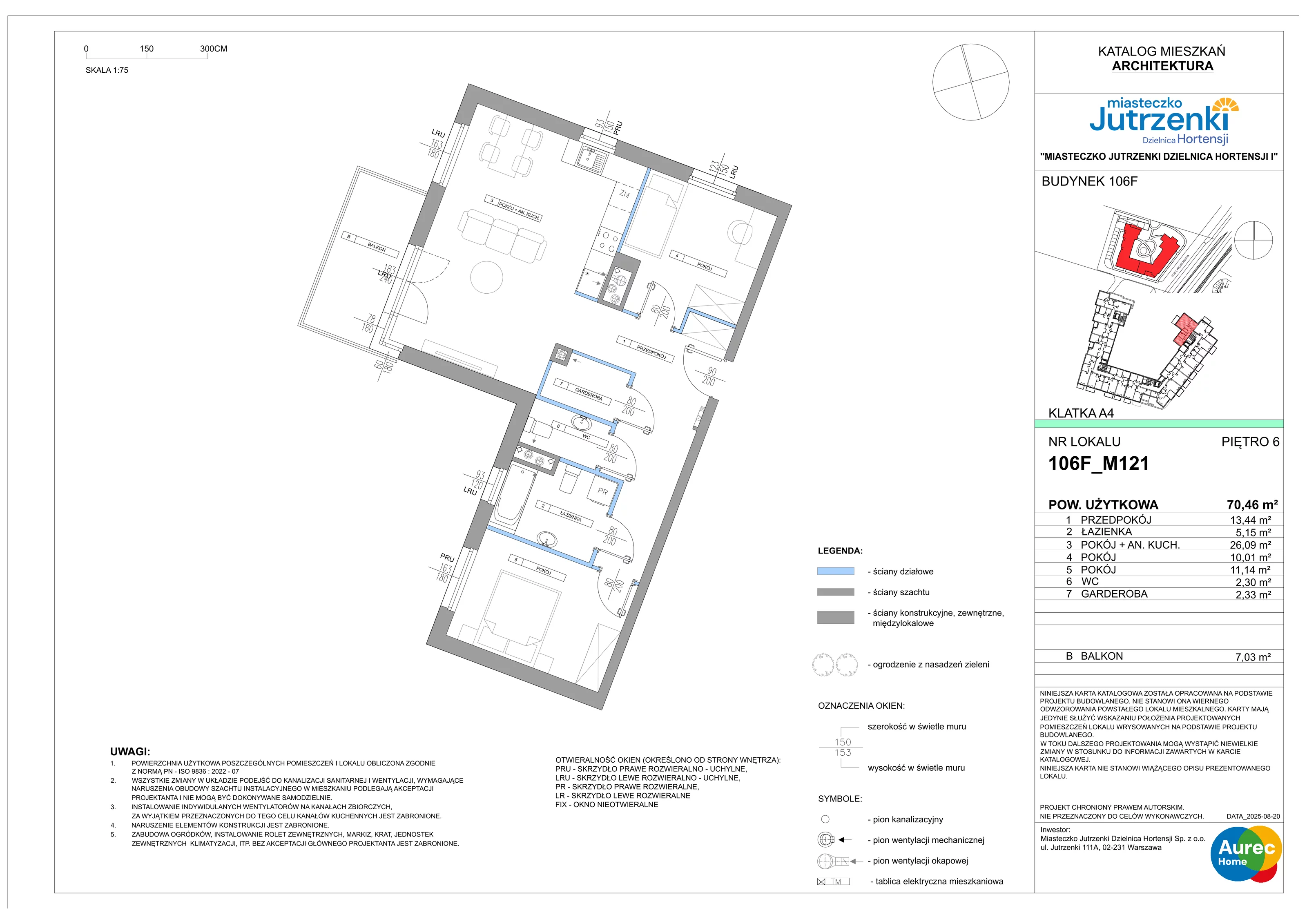 3 pokoje, mieszkanie 70,46 m², piętro 6, oferta nr 106F/M121, Miasteczko Jutrzenki Dzielnica Hortensji, Warszawa, Włochy, ul. Jutrzenki 106F