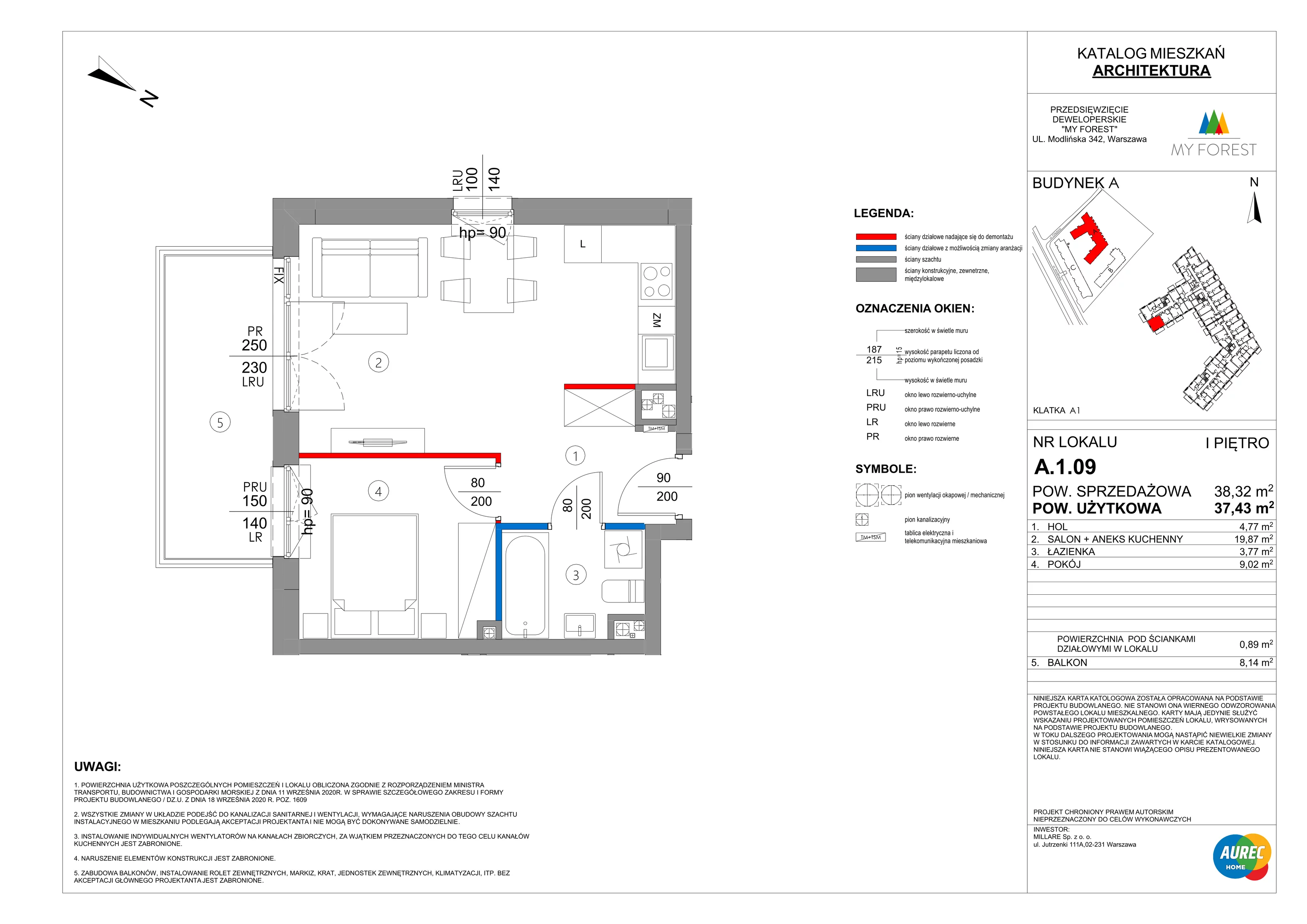 2 pokoje, mieszkanie 37,43 m², piętro 1, oferta nr A.1.09, My Forest, Warszawa, Białołęka, ul. Modlińska 342