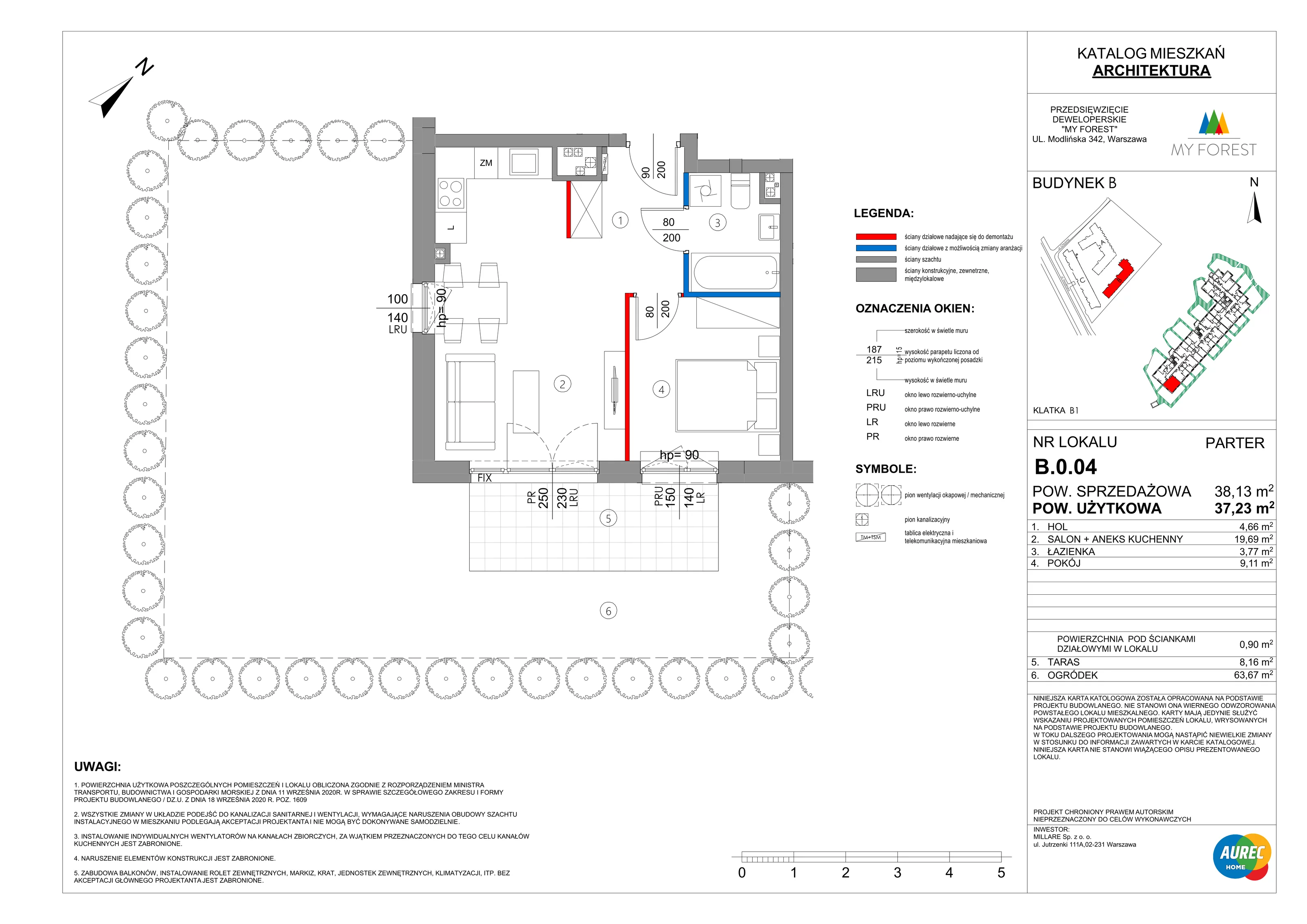 2 pokoje, mieszkanie 37,23 m², parter, oferta nr B.0.04, My Forest, Warszawa, Białołęka, ul. Modlińska 342