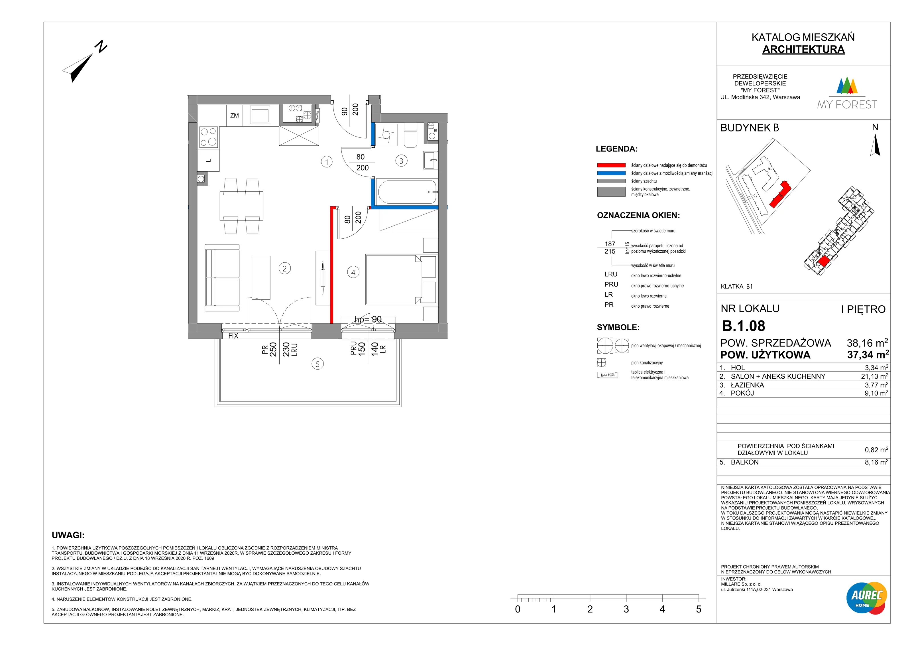 2 pokoje, mieszkanie 37,34 m², piętro 1, oferta nr B.1.08, My Forest, Warszawa, Białołęka, ul. Modlińska 342