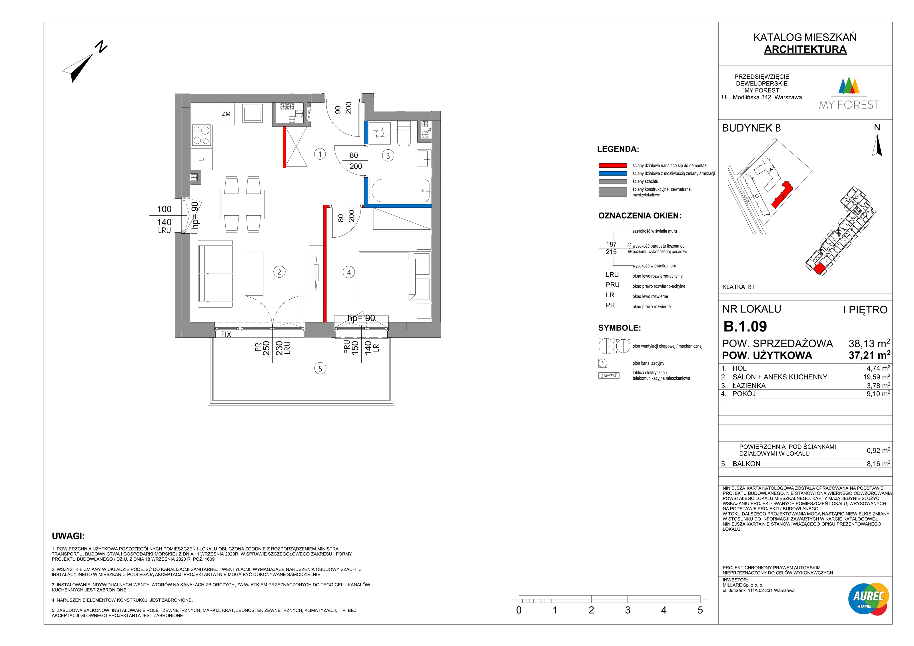 2 pokoje, mieszkanie 37,21 m², piętro 1, oferta nr B.1.09, My Forest, Warszawa, Białołęka, ul. Modlińska 342