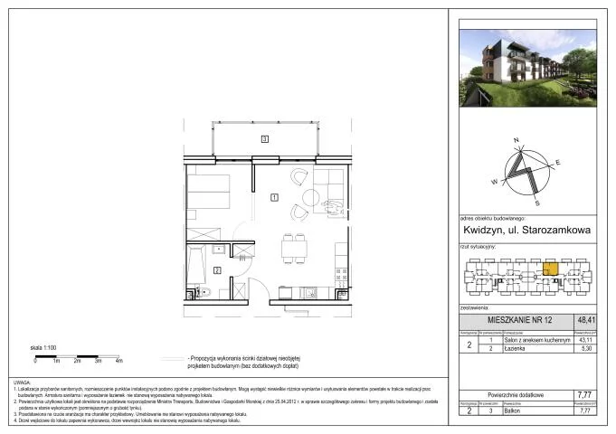 2 pokoje, mieszkanie 48,41 m², piętro 1, oferta nr , 101, Kwidzyn, Starozamkowa