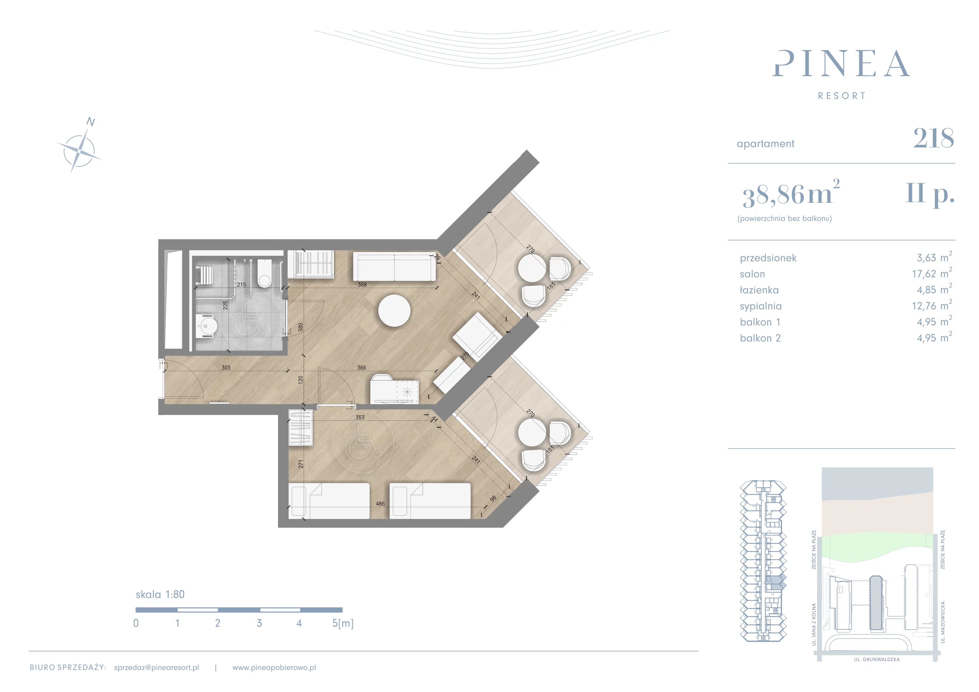 2 pokoje, apartament inwestycyjny 39,35 m², piętro 2, oferta nr 218, PINEA Pobierowo, Pobierowo, ul. Grunwaldzka 82a