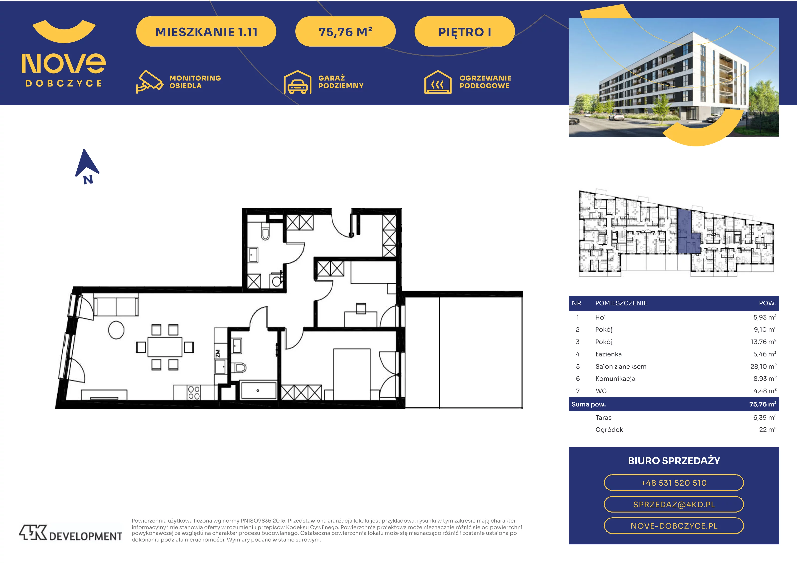 3 pokoje, mieszkanie 75,76 m², piętro 1, oferta nr 1.11., NOVE Dobczyce, Dobczyce, ul. Wesoła / Szkolna