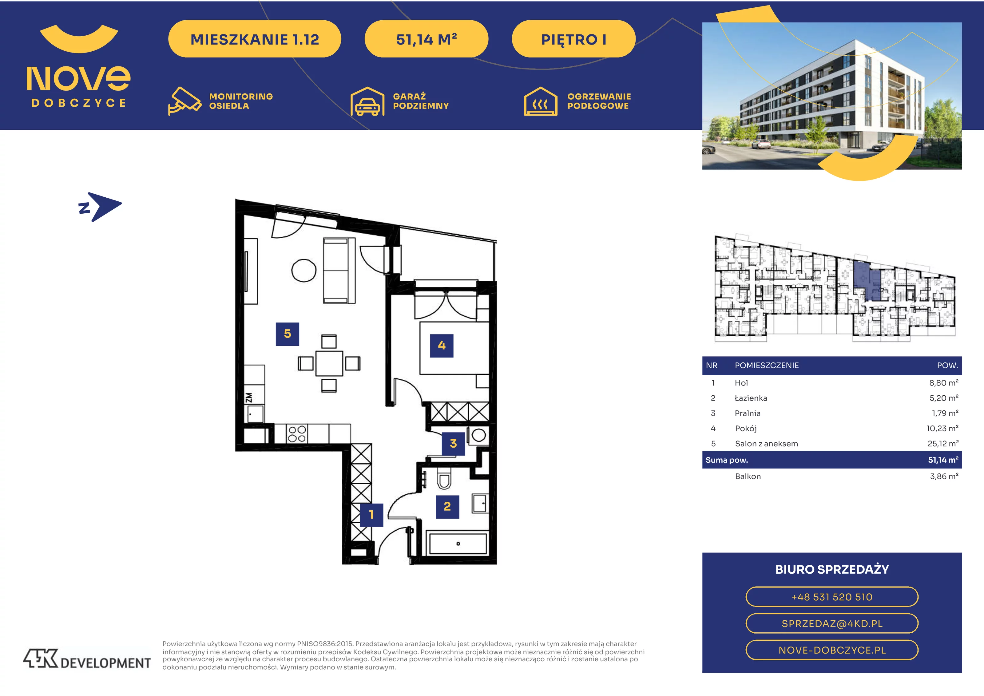 2 pokoje, mieszkanie 51,14 m², piętro 1, oferta nr 1.12., NOVE Dobczyce, Dobczyce, ul. Wesoła / Szkolna