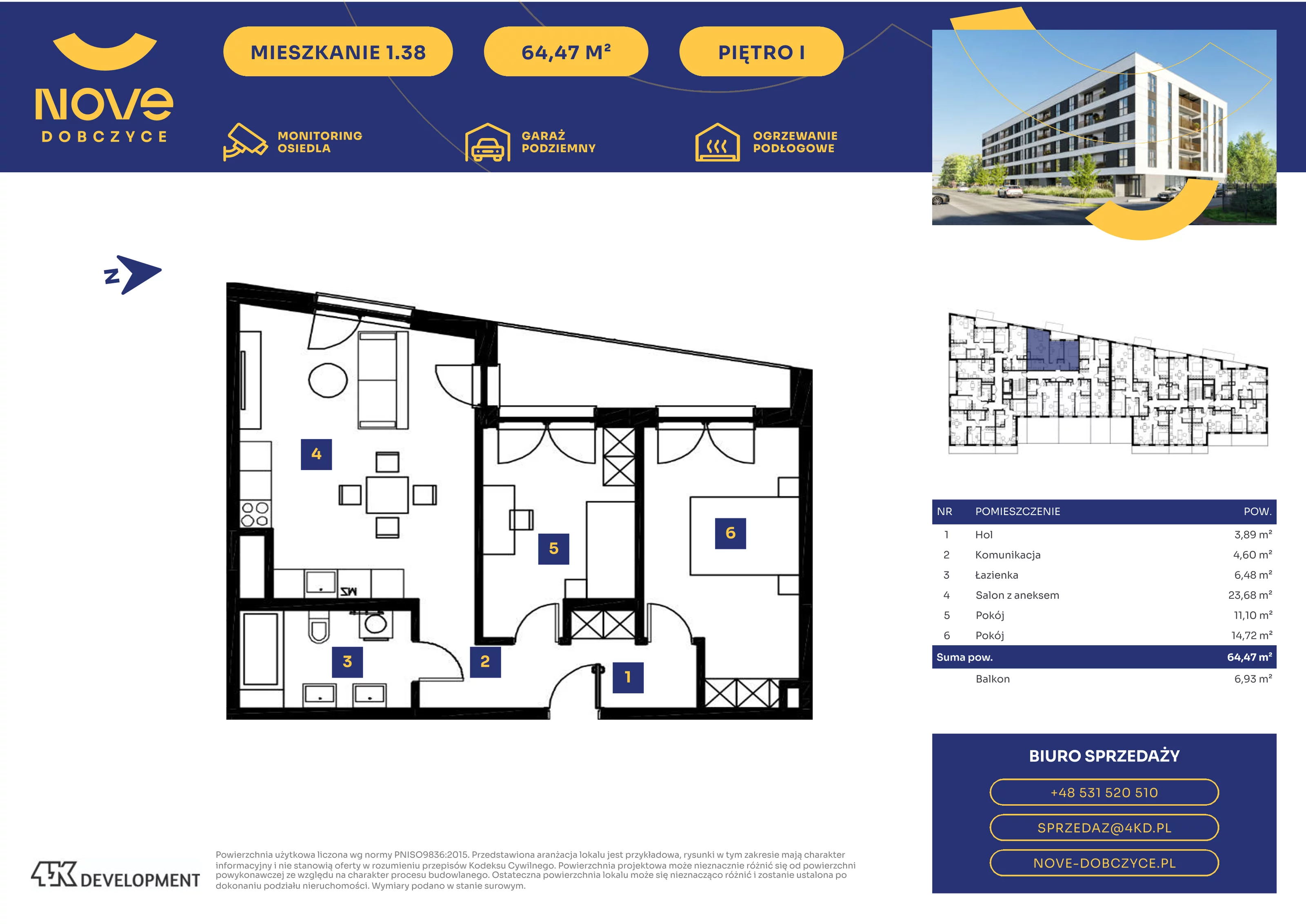 3 pokoje, mieszkanie 64,47 m², piętro 1, oferta nr 1.38., NOVE Dobczyce, Dobczyce, ul. Wesoła / Szkolna