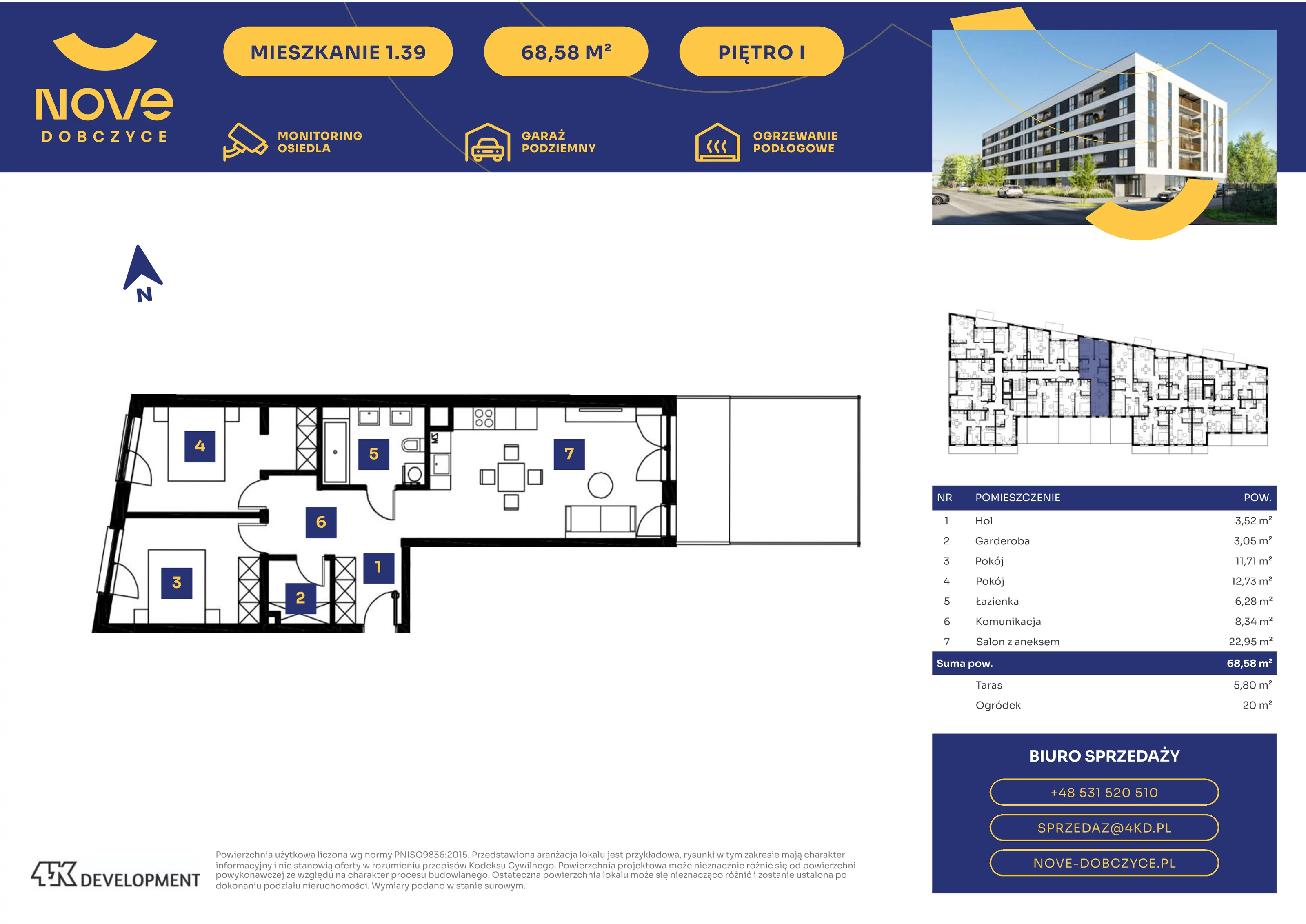 3 pokoje, mieszkanie 68,58 m², piętro 1, oferta nr 1.39., NOVE Dobczyce, Dobczyce, ul. Wesoła / Szkolna