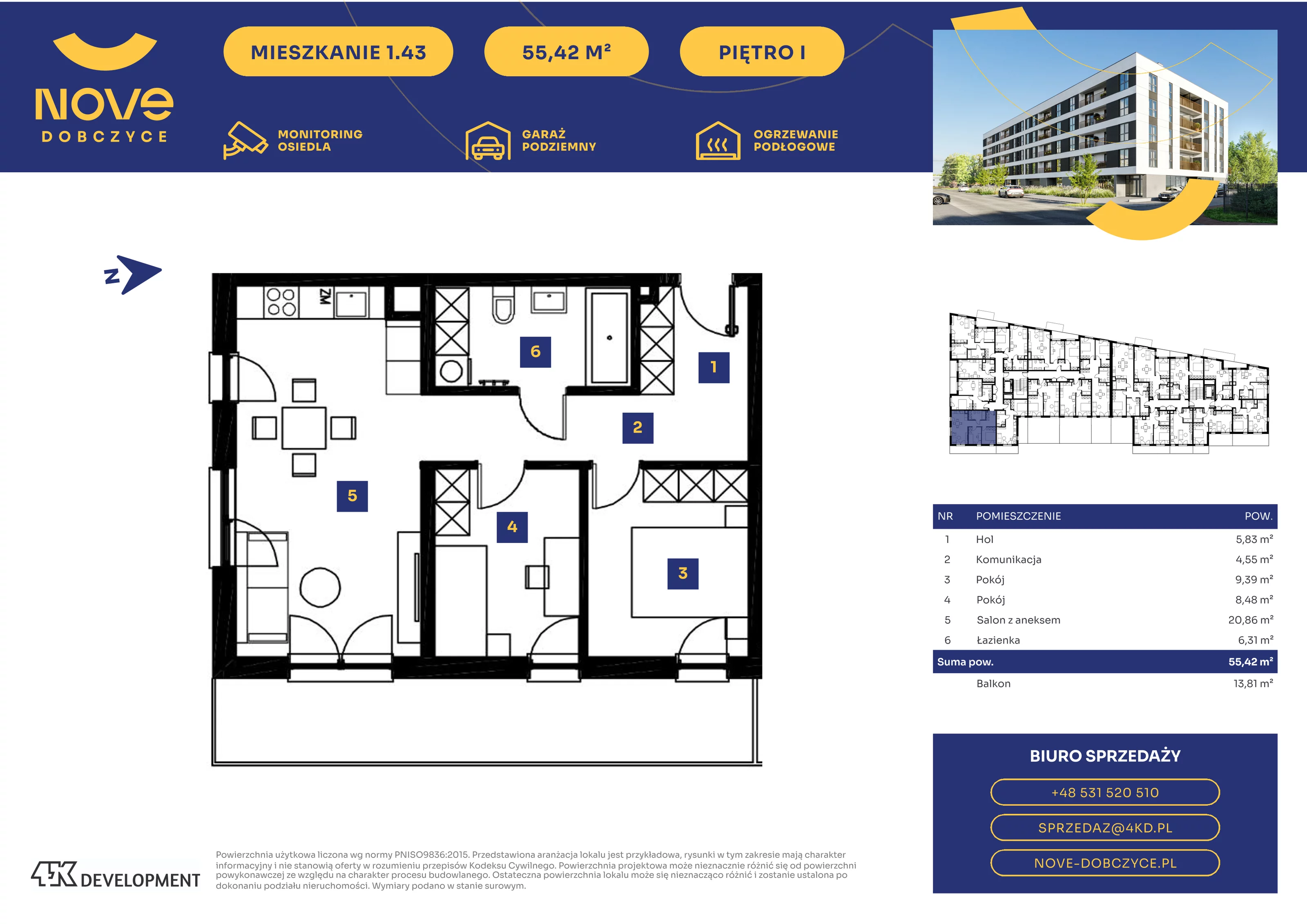 3 pokoje, mieszkanie 55,42 m², piętro 1, oferta nr 1.43., NOVE Dobczyce, Dobczyce, ul. Wesoła / Szkolna