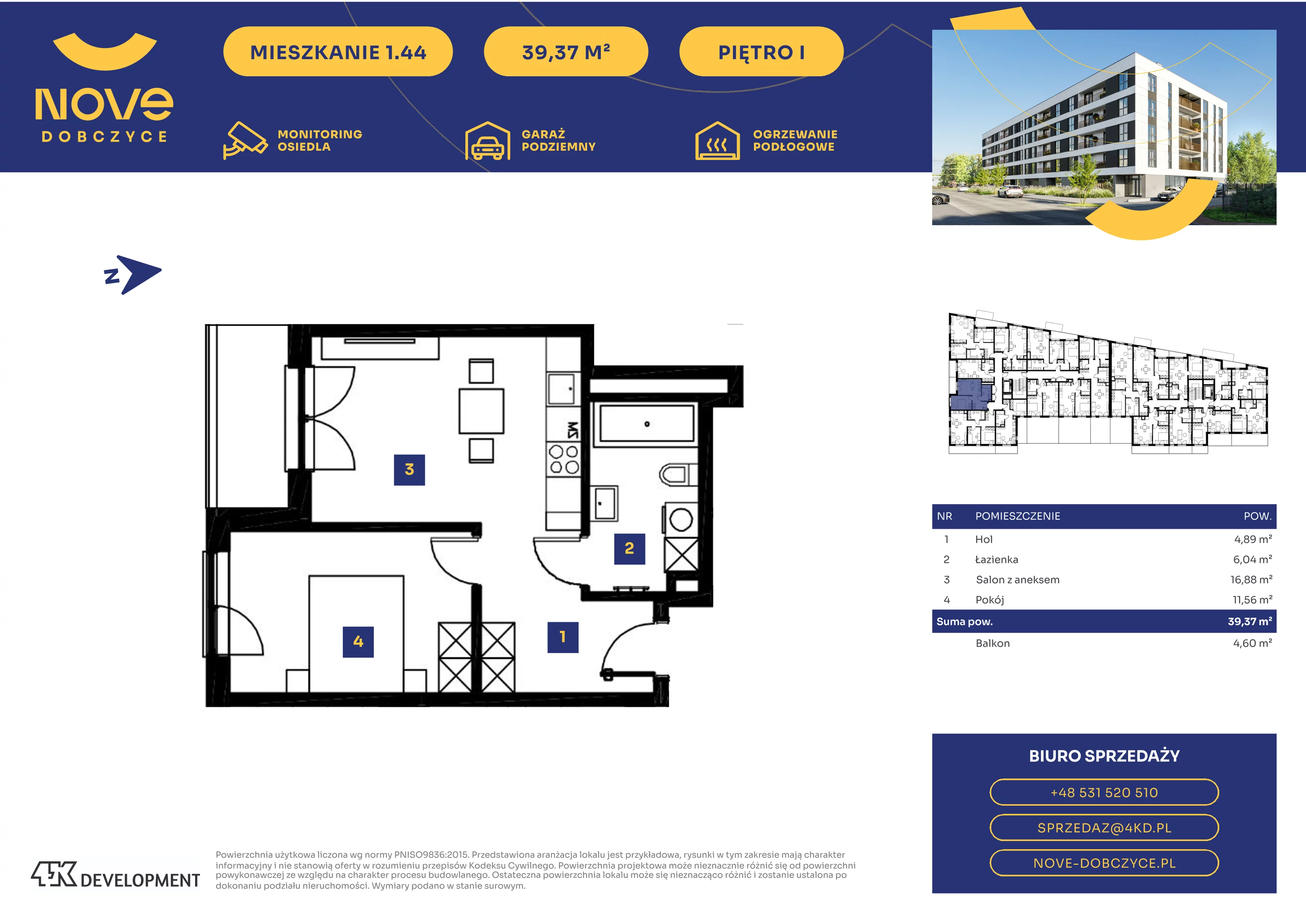 2 pokoje, mieszkanie 39,37 m², piętro 1, oferta nr 1.44., NOVE Dobczyce, Dobczyce, ul. Wesoła / Szkolna