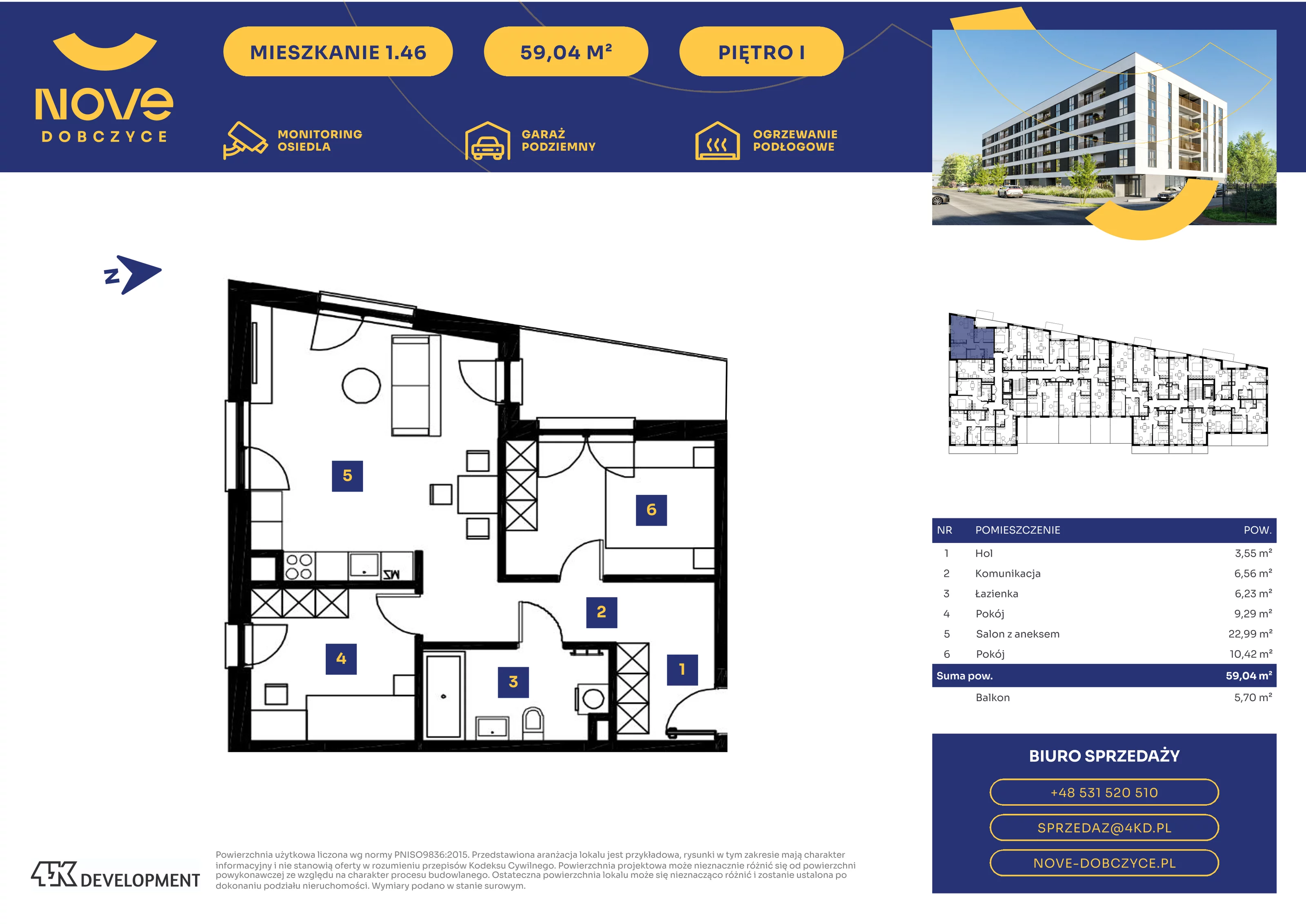 3 pokoje, mieszkanie 59,04 m², piętro 1, oferta nr 1.46., NOVE Dobczyce, Dobczyce, ul. Wesoła / Szkolna