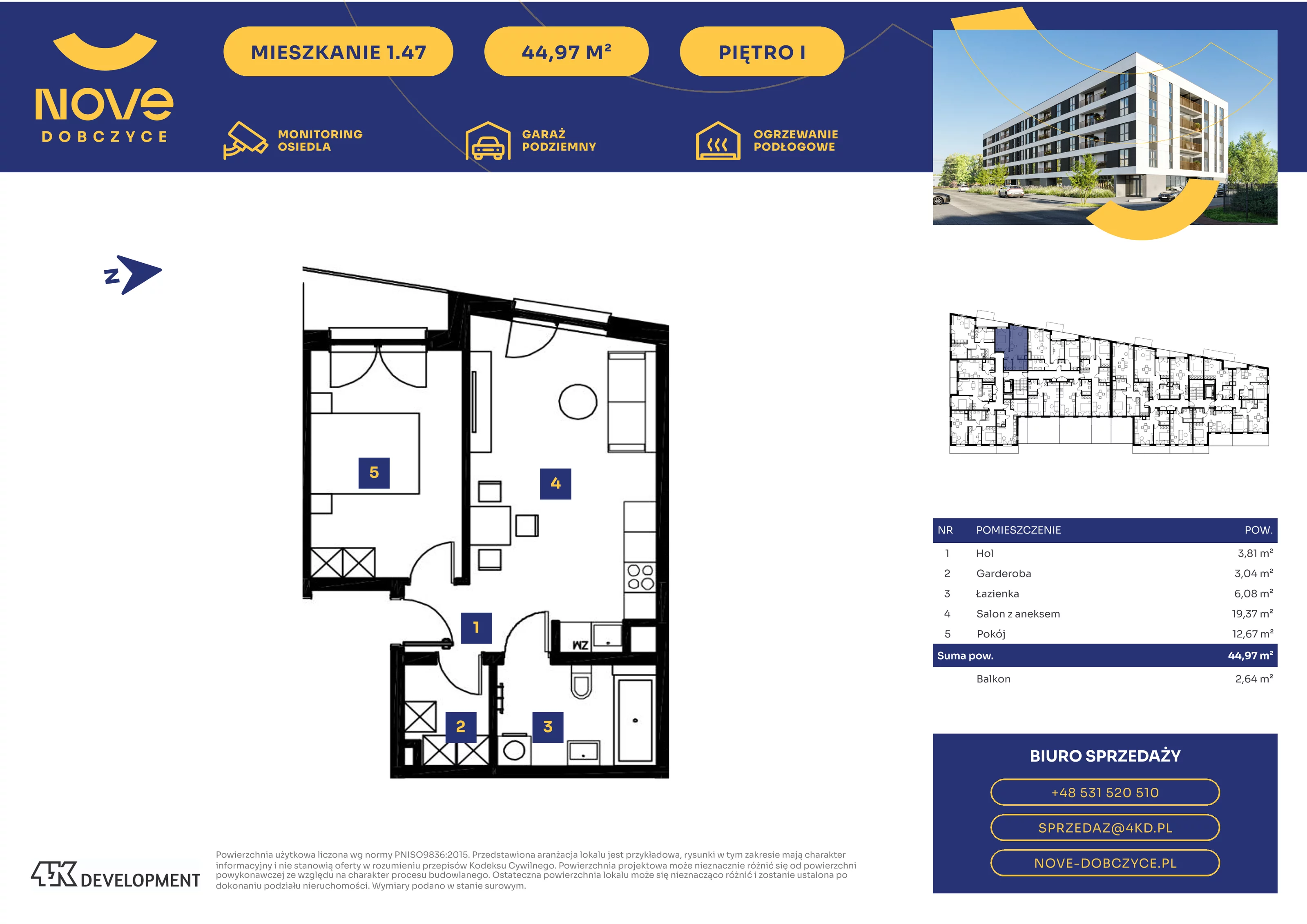 2 pokoje, mieszkanie 44,97 m², piętro 1, oferta nr 1.47., NOVE Dobczyce, Dobczyce, ul. Wesoła / Szkolna