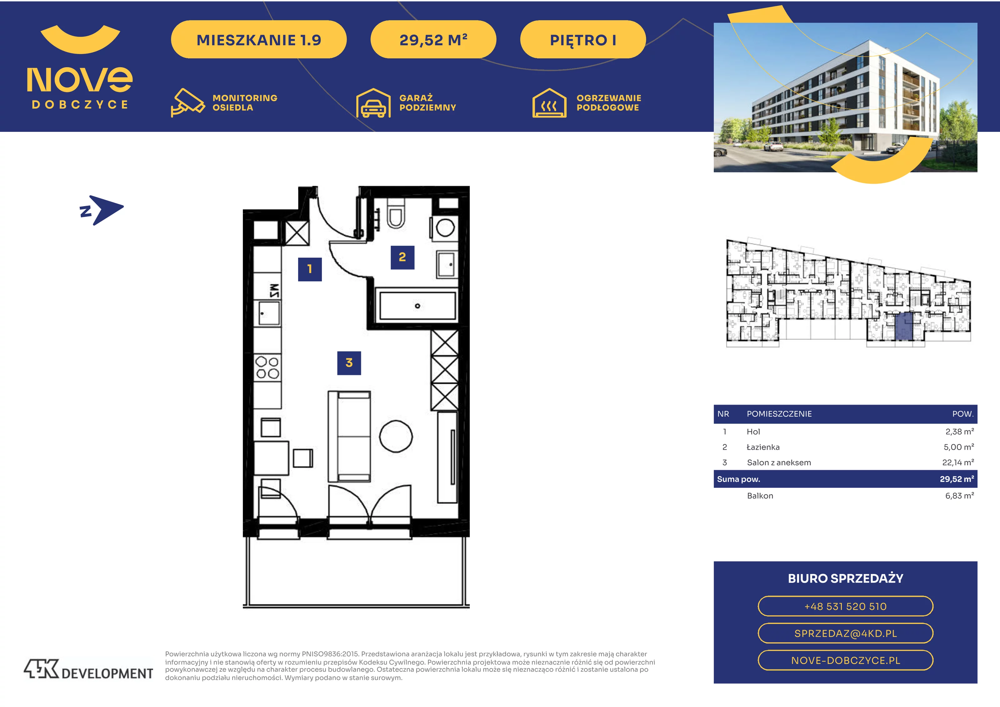 Mieszkanie 29,52 m², piętro 1, oferta nr 1.9., NOVE Dobczyce, Dobczyce, ul. Wesoła / Szkolna