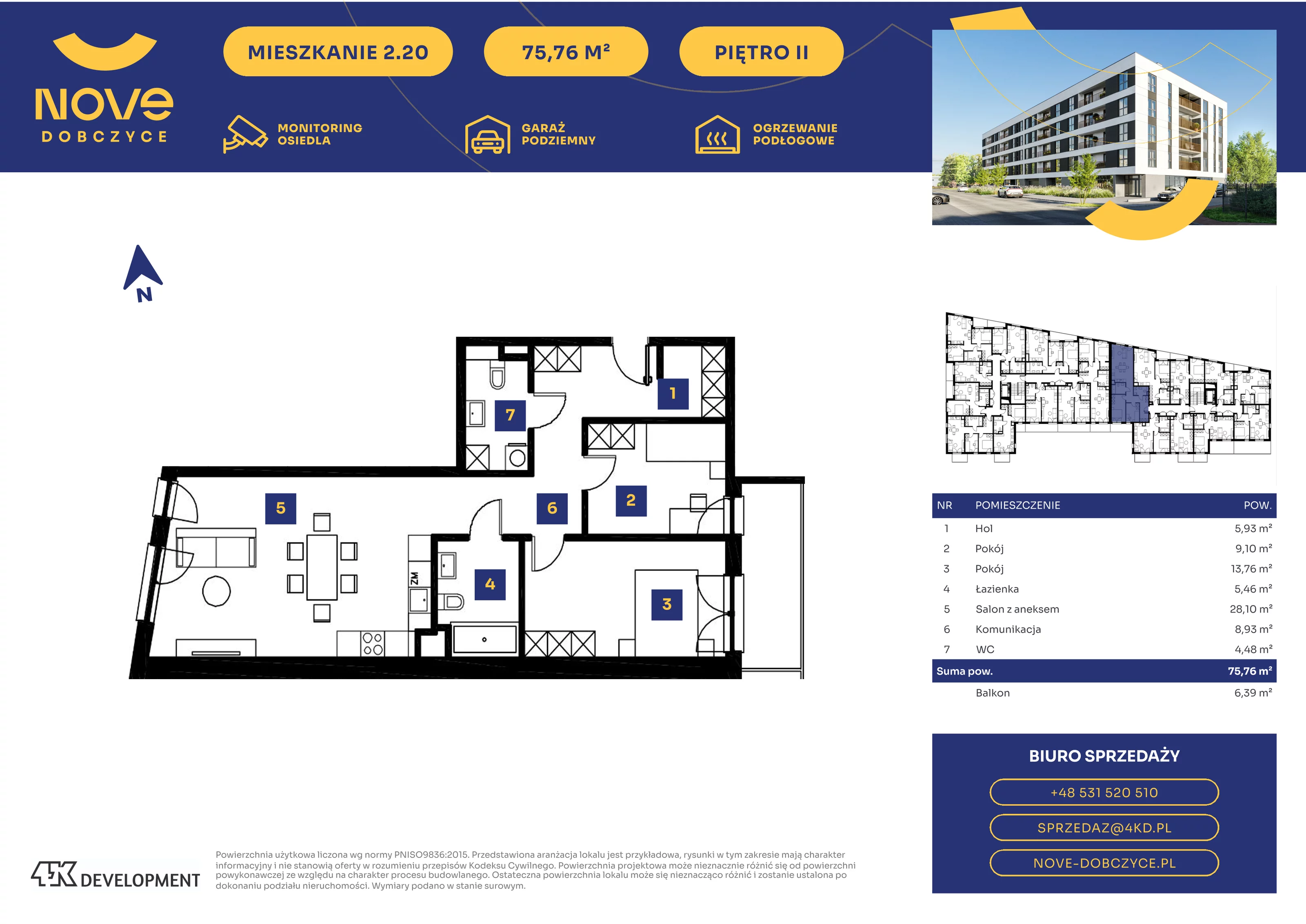 3 pokoje, mieszkanie 75,76 m², piętro 2, oferta nr 2.20., NOVE Dobczyce, Dobczyce, ul. Wesoła / Szkolna