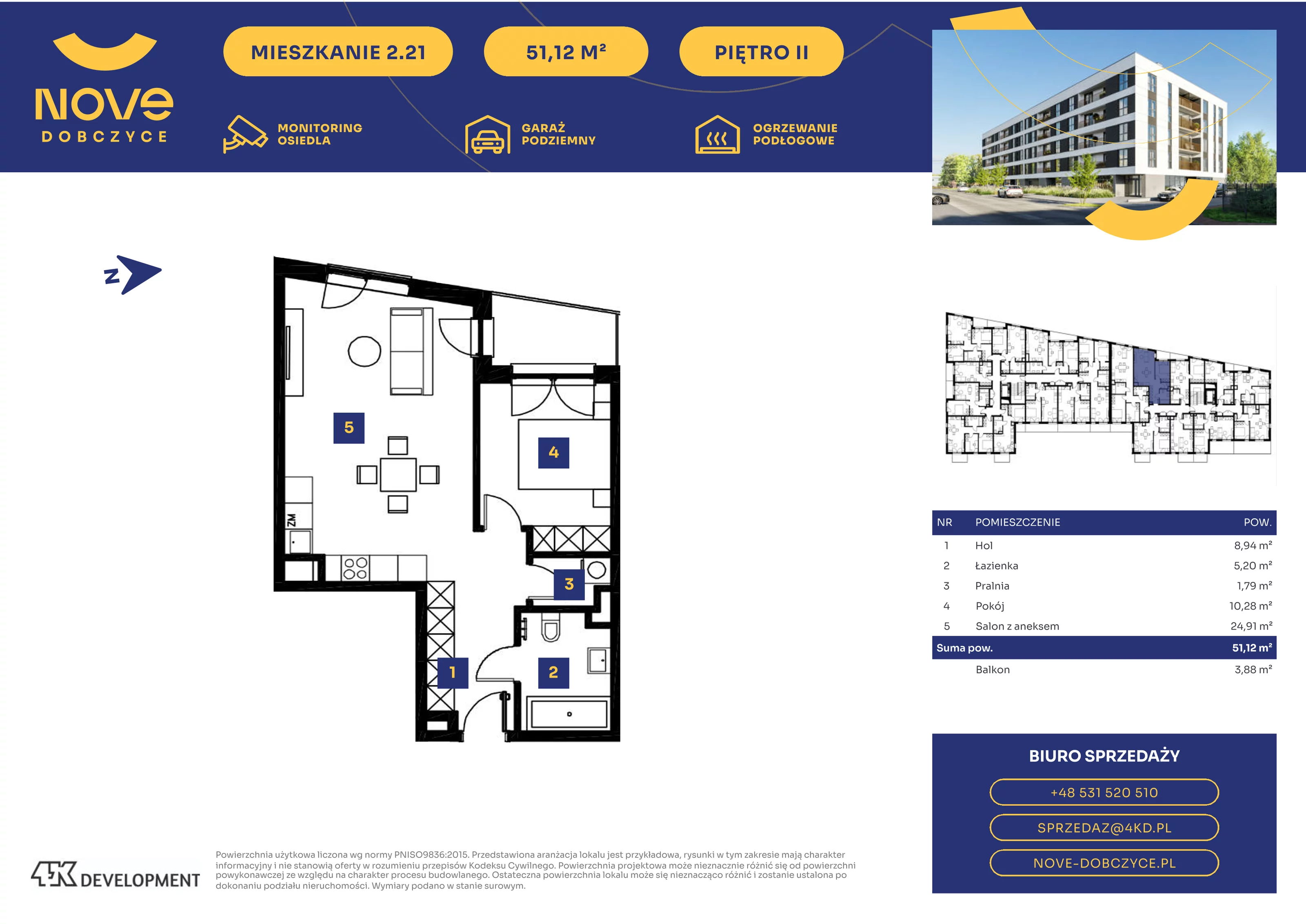 2 pokoje, mieszkanie 51,12 m², piętro 2, oferta nr 2.21., NOVE Dobczyce, Dobczyce, ul. Wesoła / Szkolna