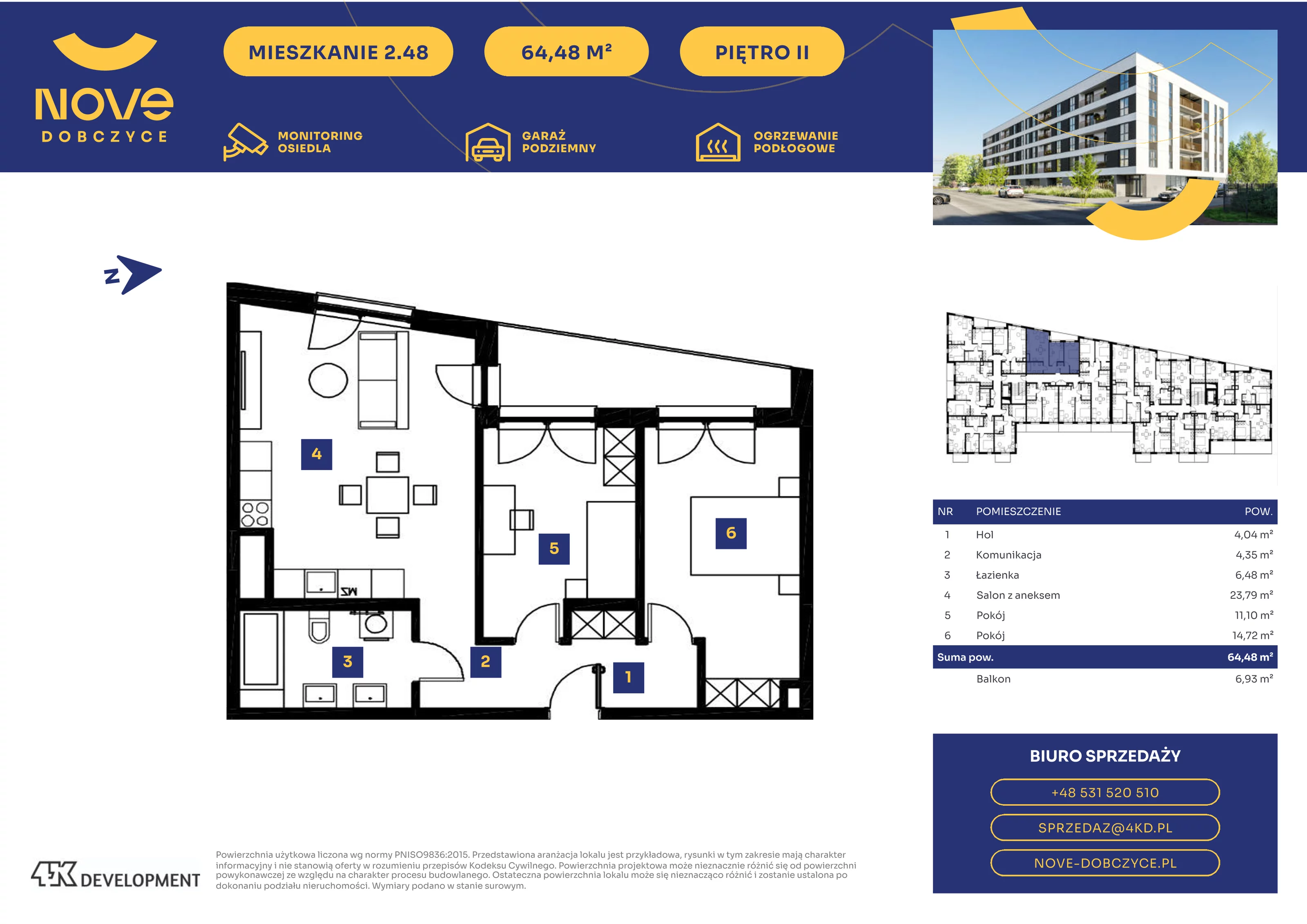 3 pokoje, mieszkanie 64,48 m², piętro 2, oferta nr 2.48., NOVE Dobczyce, Dobczyce, ul. Wesoła / Szkolna