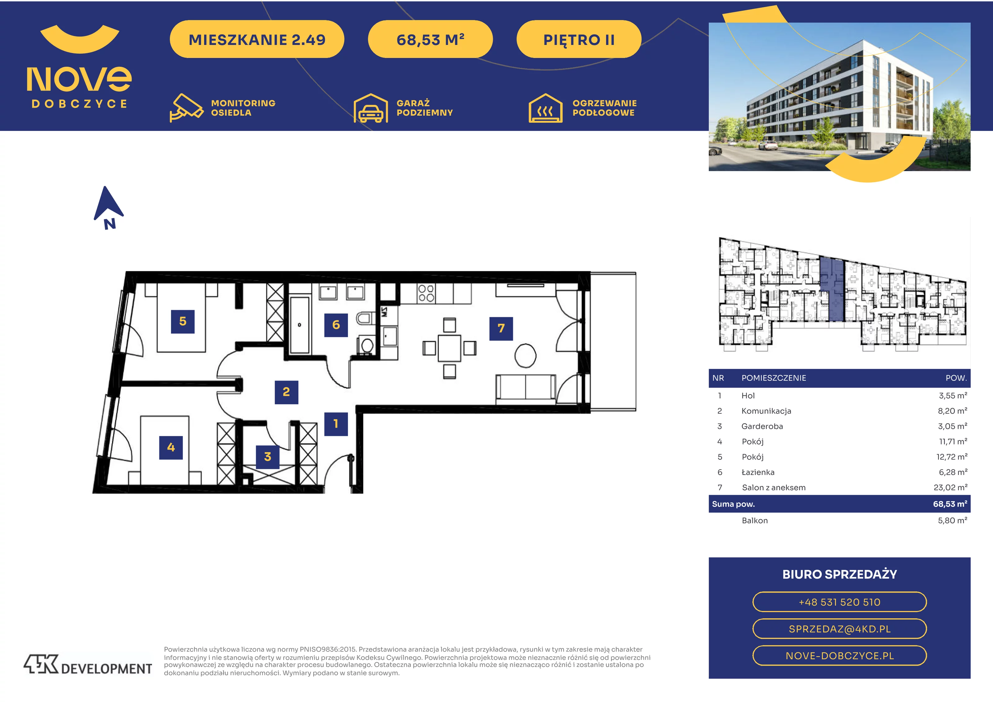 3 pokoje, mieszkanie 68,53 m², piętro 2, oferta nr 2.49., NOVE Dobczyce, Dobczyce, ul. Wesoła / Szkolna