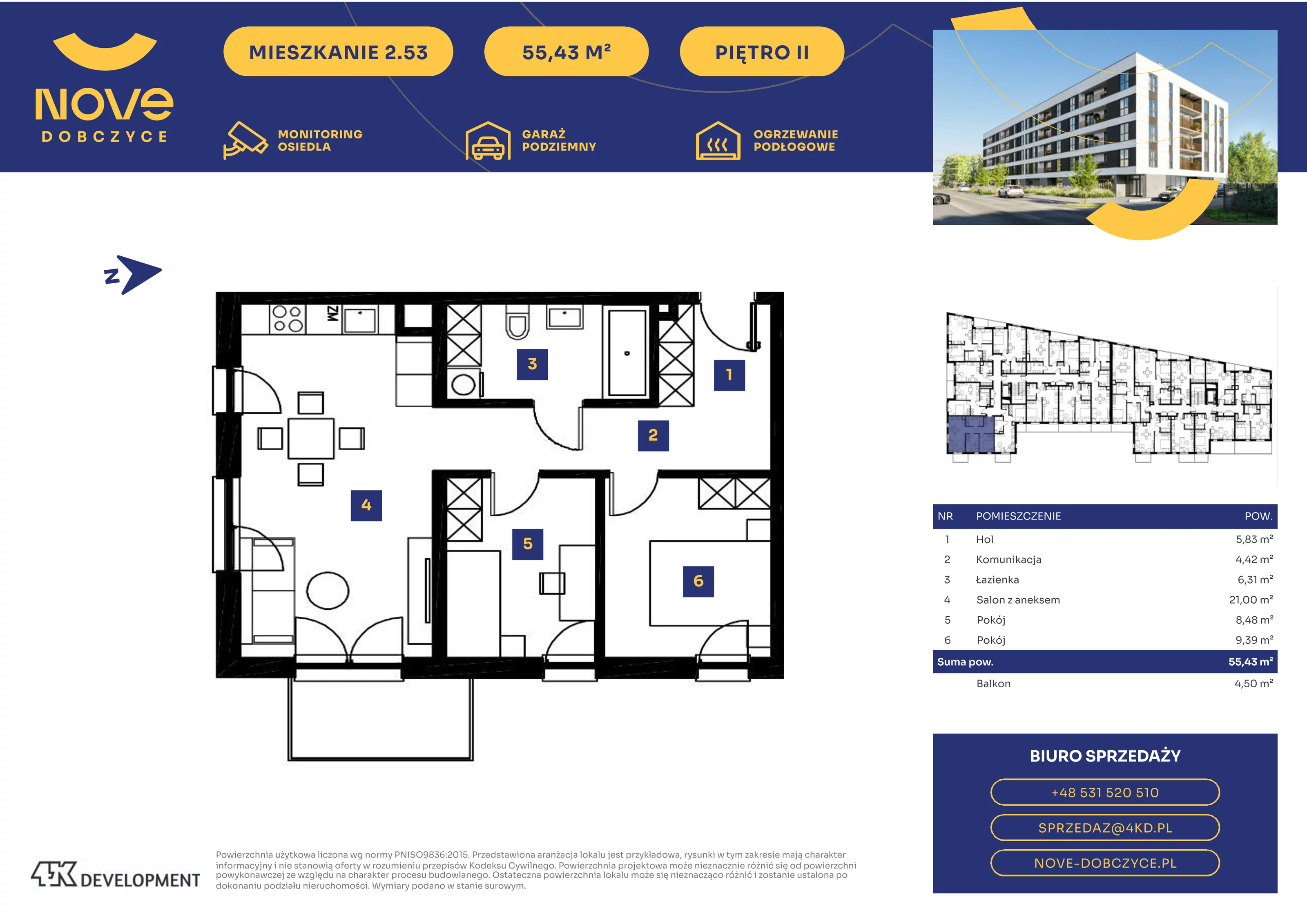 3 pokoje, mieszkanie 55,43 m², piętro 2, oferta nr 2.53., NOVE Dobczyce, Dobczyce, ul. Wesoła / Szkolna