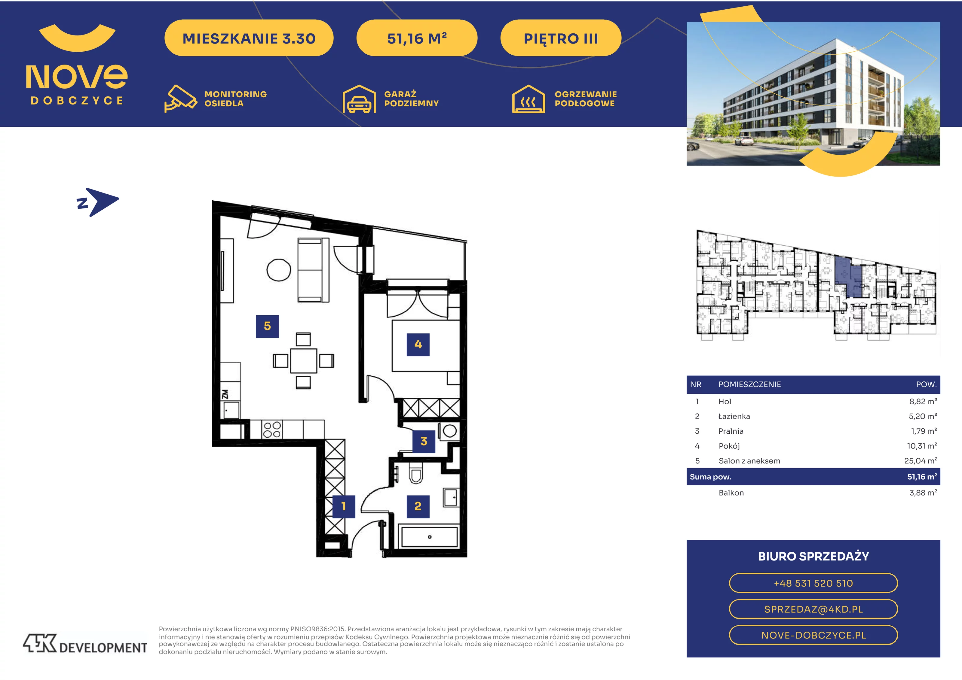 2 pokoje, mieszkanie 51,16 m², piętro 3, oferta nr 3.30., NOVE Dobczyce, Dobczyce, ul. Wesoła / Szkolna