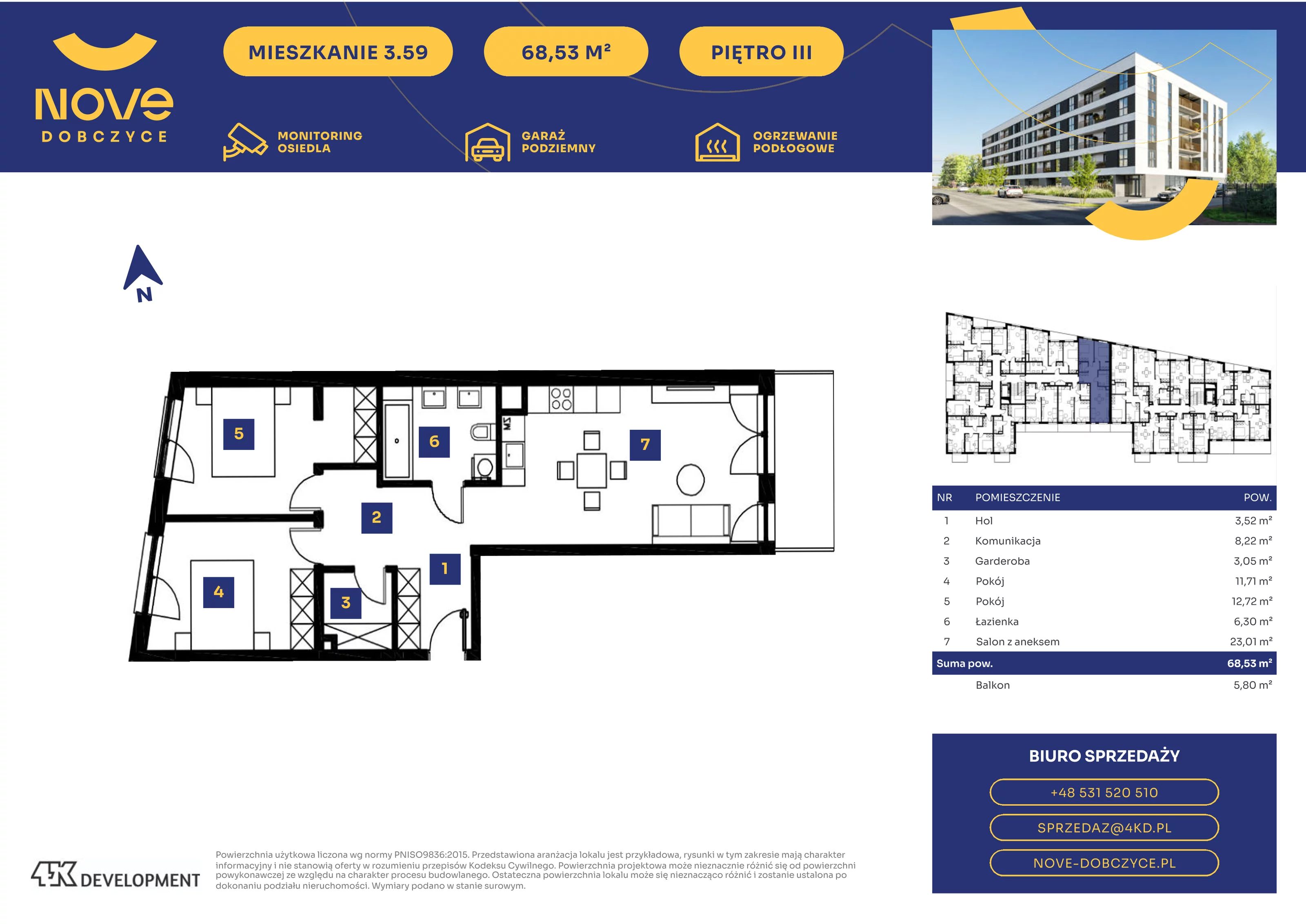 3 pokoje, mieszkanie 68,53 m², piętro 3, oferta nr 3.59., NOVE Dobczyce, Dobczyce, ul. Wesoła / Szkolna