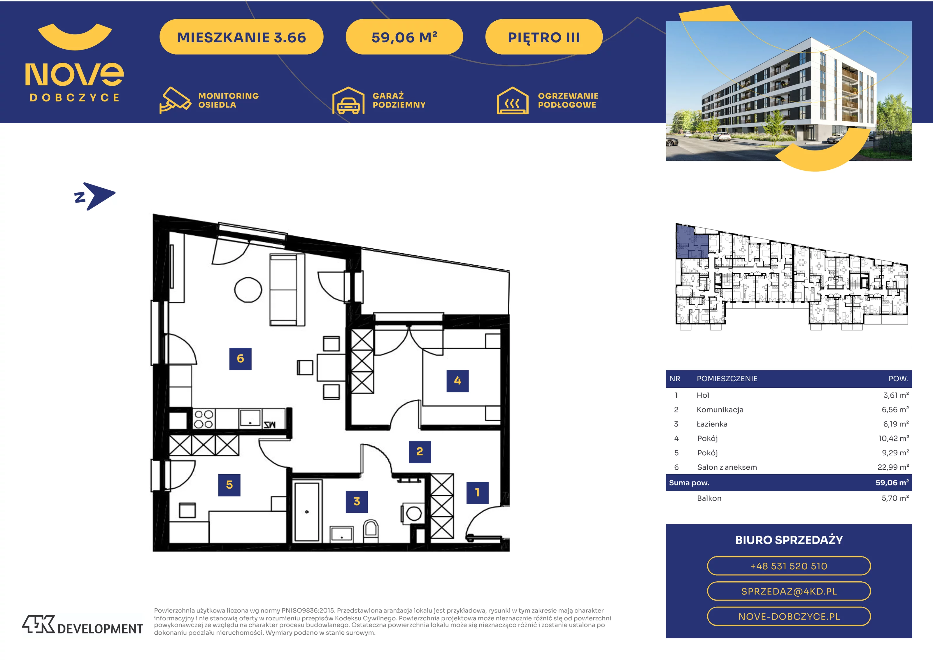 3 pokoje, mieszkanie 59,06 m², piętro 3, oferta nr 3.66., NOVE Dobczyce, Dobczyce, ul. Wesoła / Szkolna