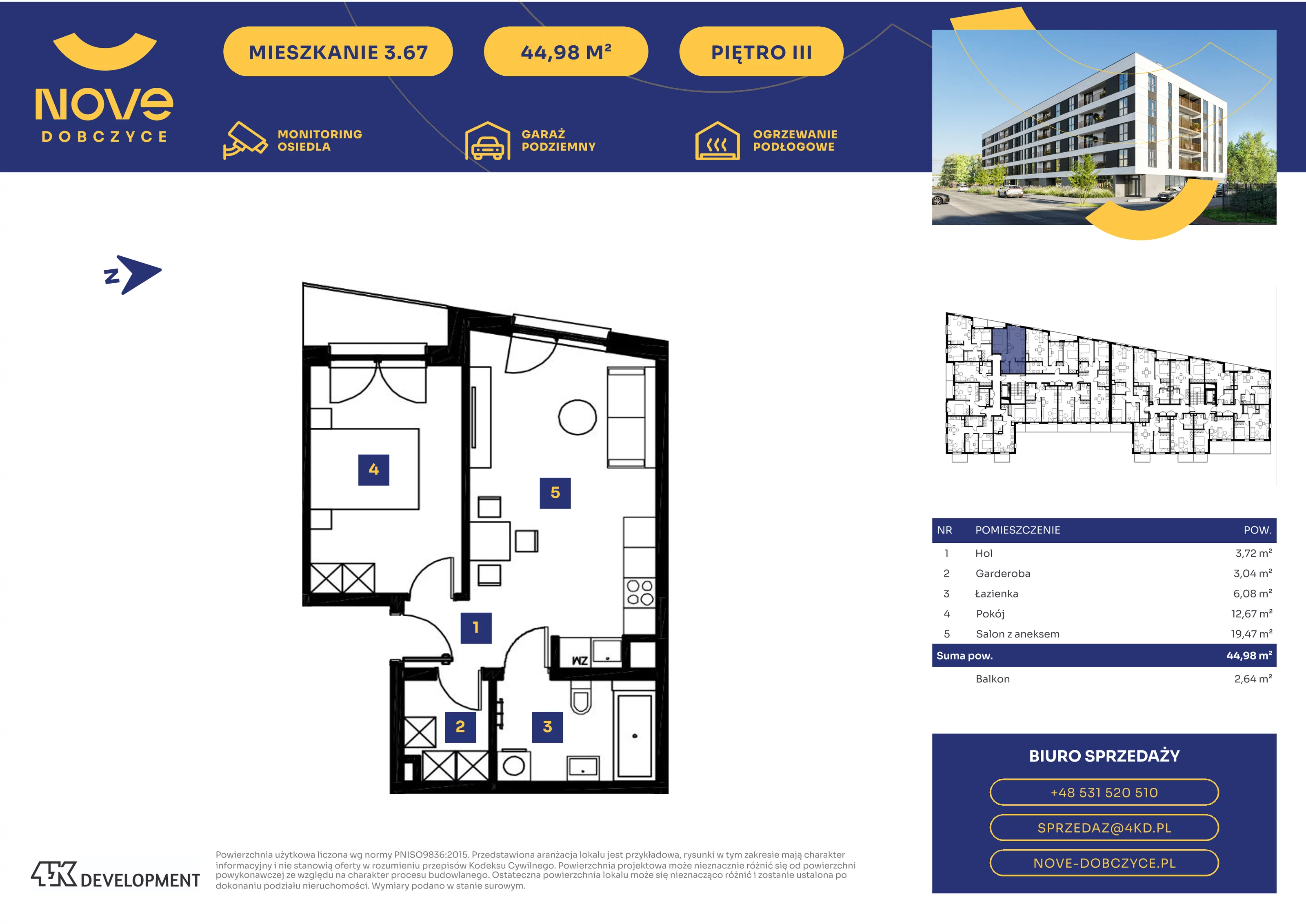 2 pokoje, mieszkanie 44,98 m², piętro 3, oferta nr 3.67., NOVE Dobczyce, Dobczyce, ul. Wesoła / Szkolna