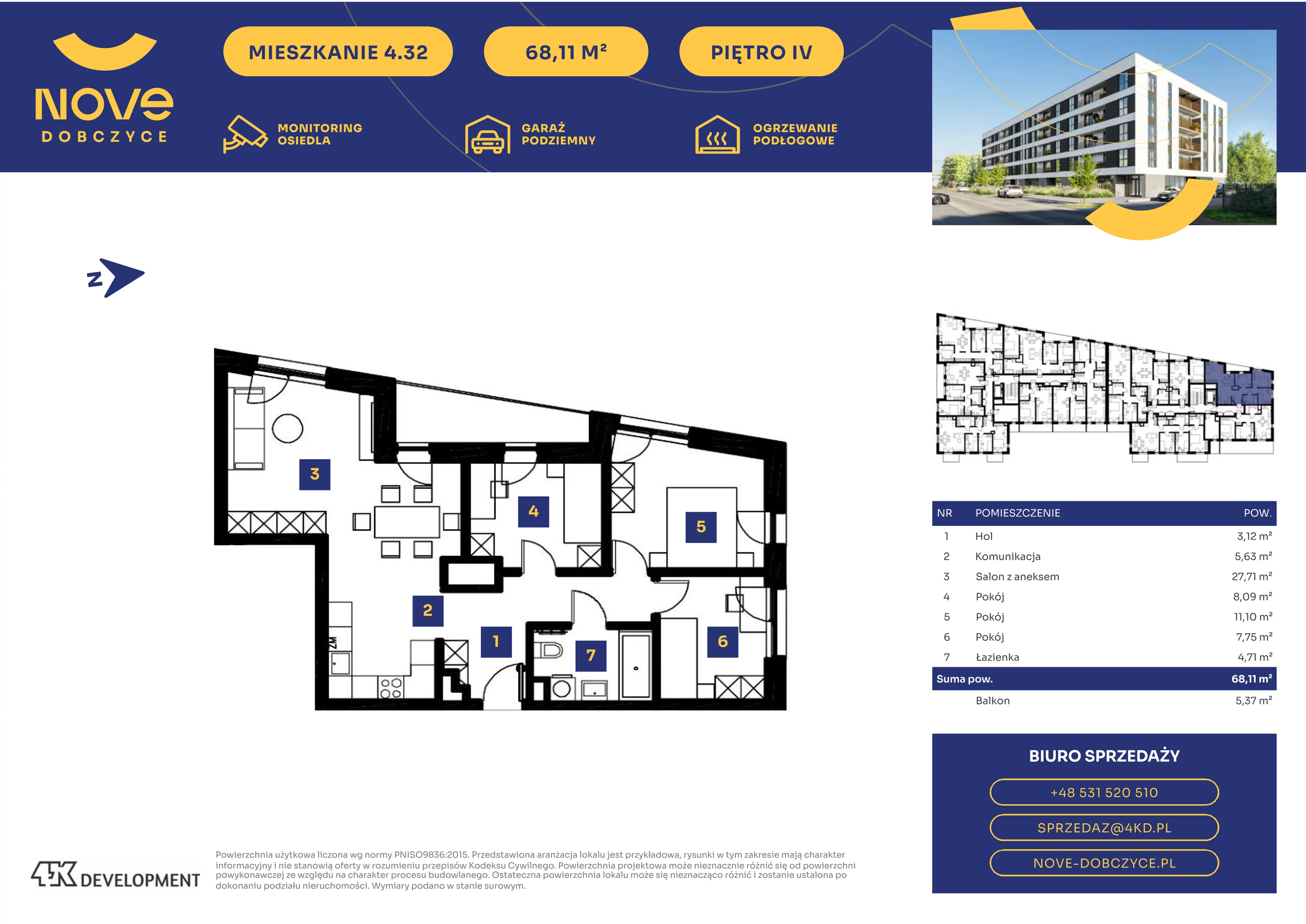 4 pokoje, mieszkanie 68,11 m², piętro 4, oferta nr 4.32., NOVE Dobczyce, Dobczyce, ul. Wesoła / Szkolna