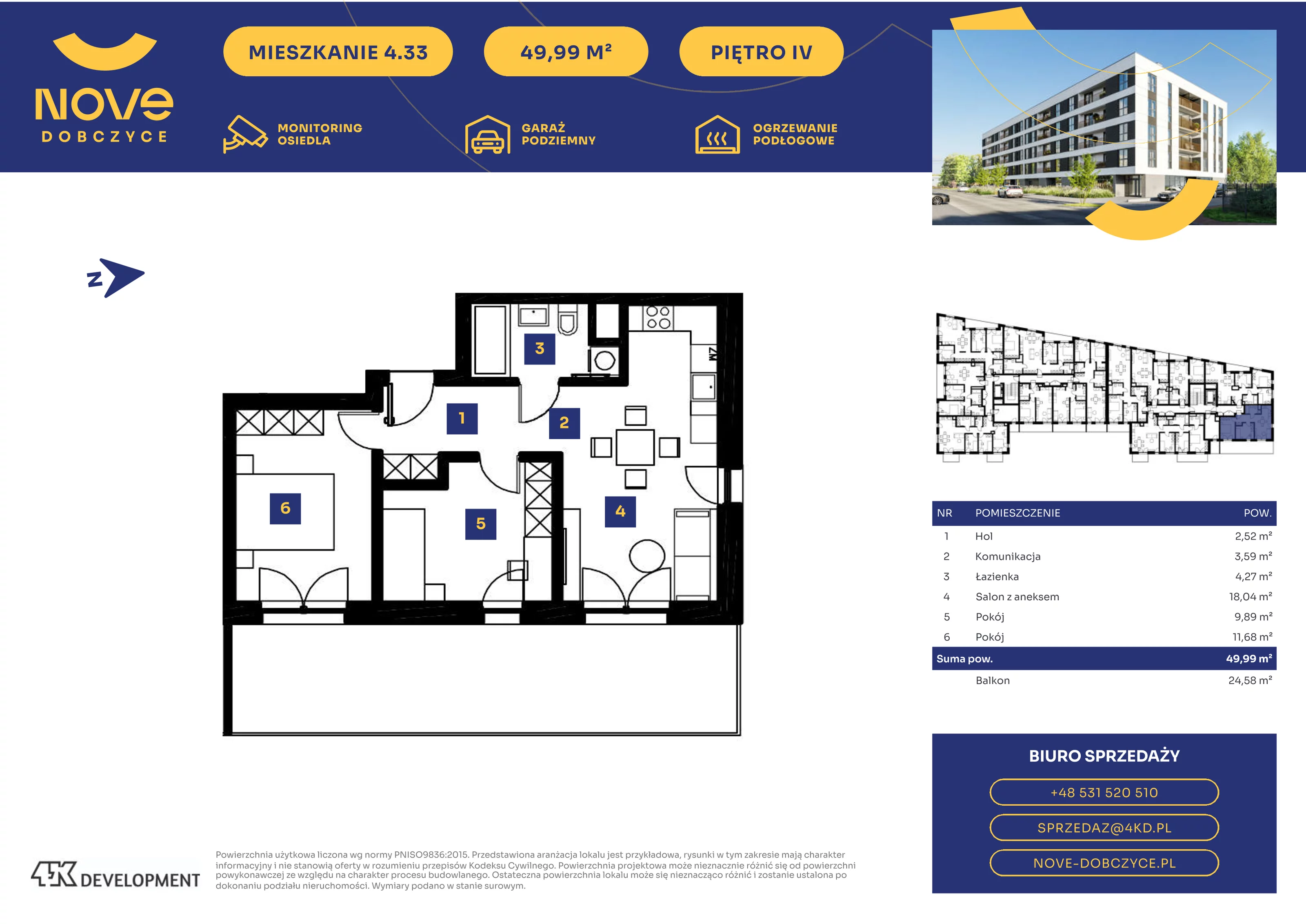 3 pokoje, mieszkanie 49,99 m², piętro 4, oferta nr 4.33., NOVE Dobczyce, Dobczyce, ul. Wesoła / Szkolna