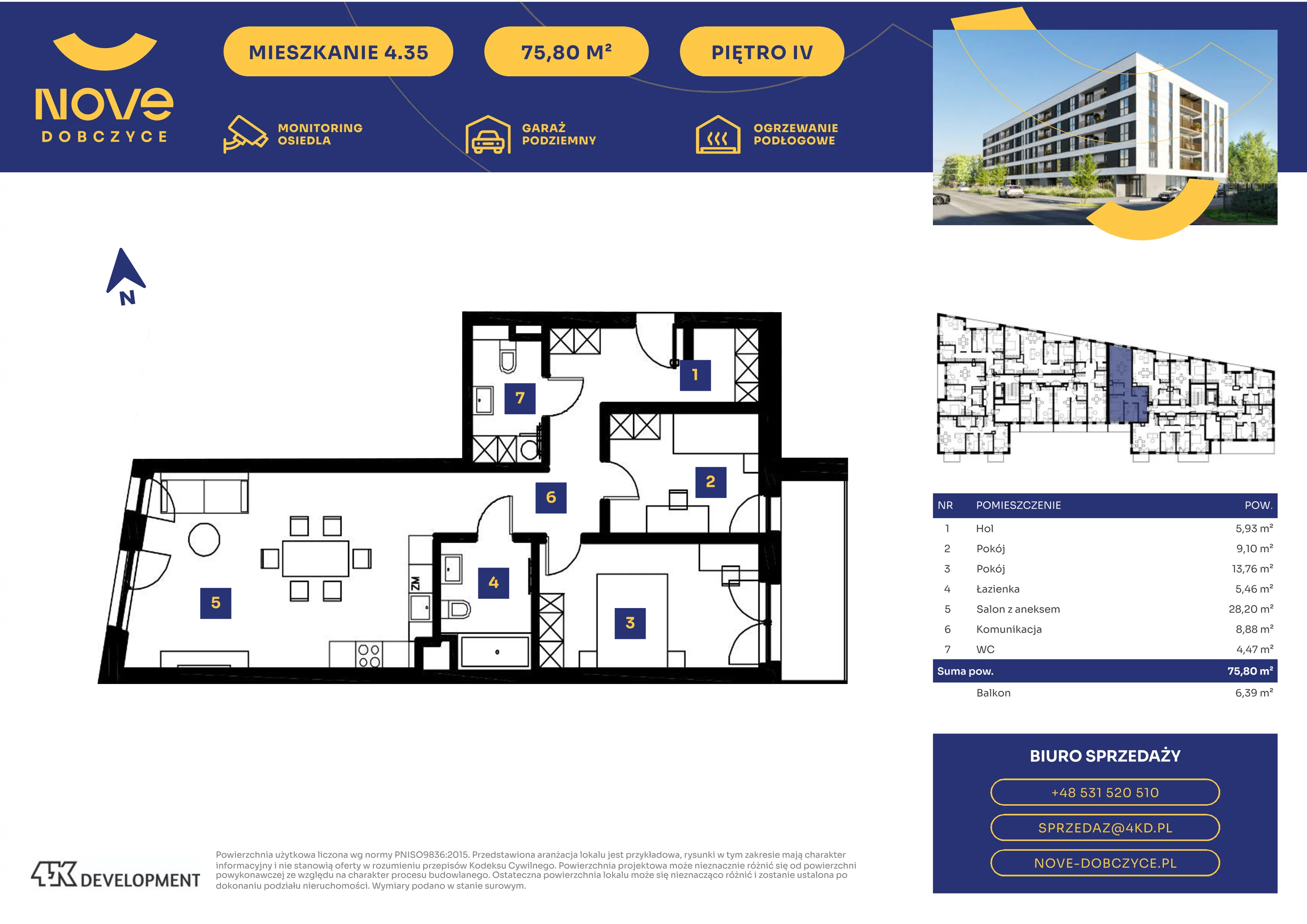 3 pokoje, mieszkanie 75,80 m², piętro 4, oferta nr 4.35., NOVE Dobczyce, Dobczyce, ul. Wesoła / Szkolna