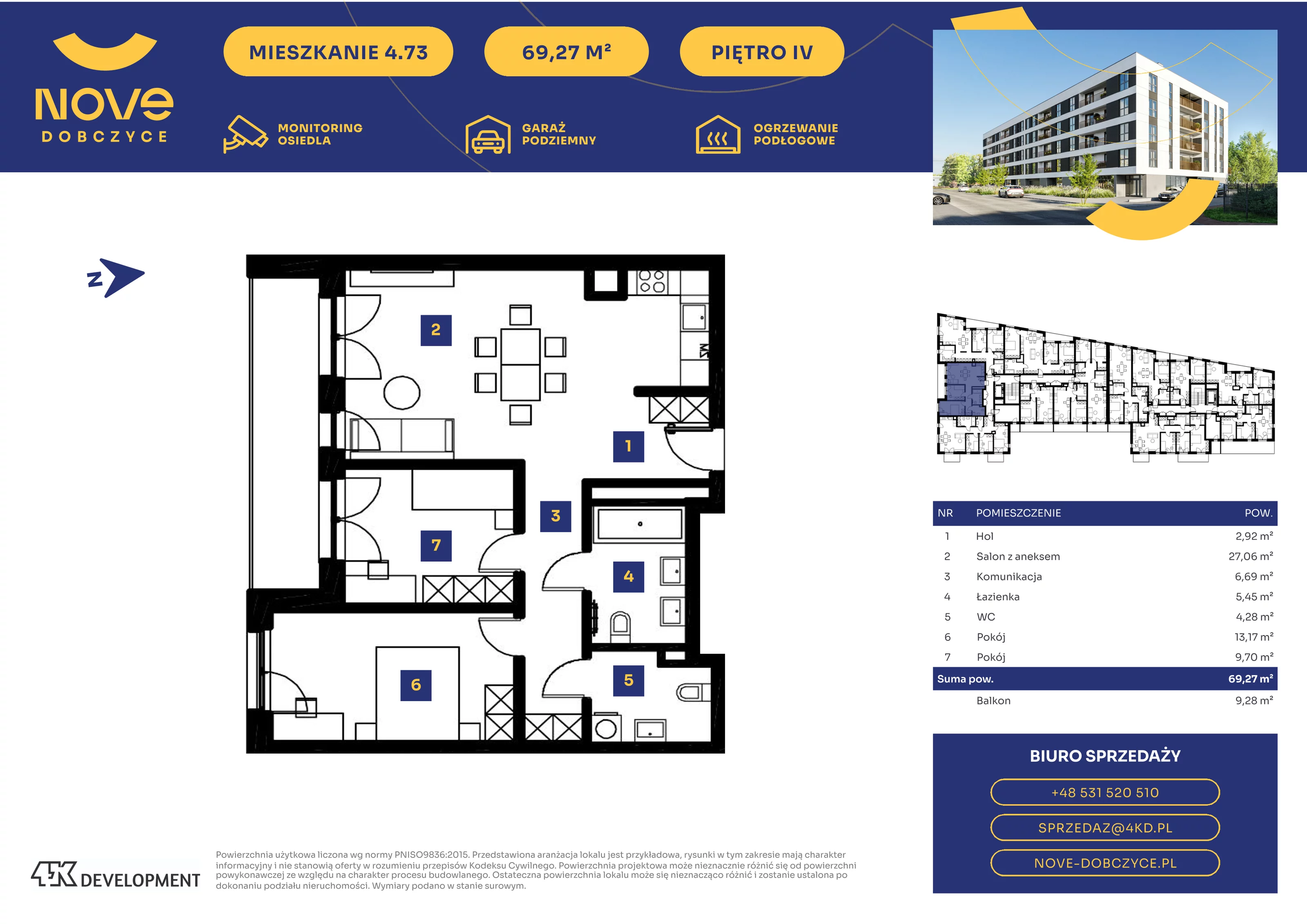 3 pokoje, mieszkanie 69,27 m², piętro 4, oferta nr 4.73., NOVE Dobczyce, Dobczyce, ul. Wesoła / Szkolna