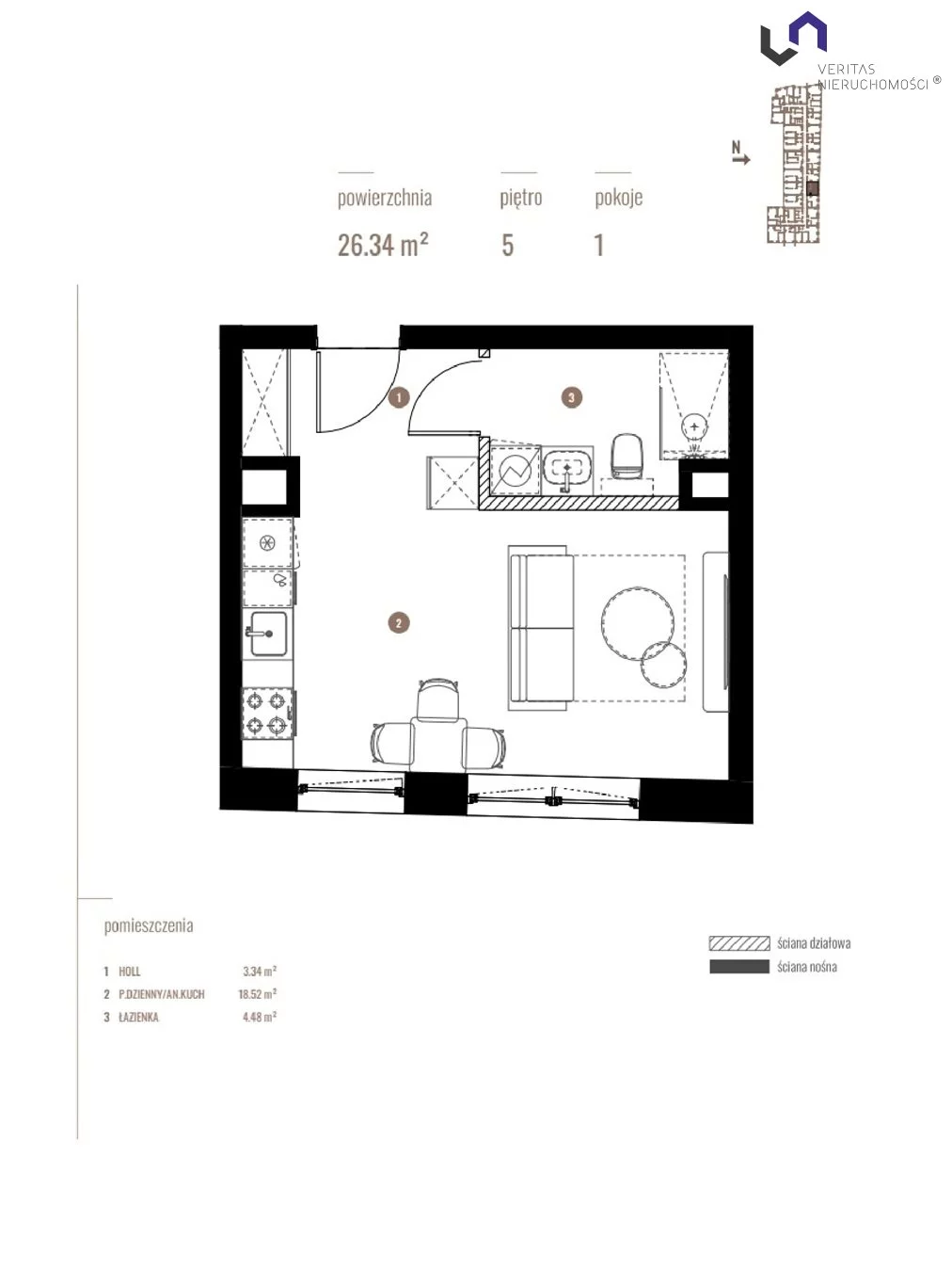 Mieszkanie na sprzedaż, 26,34 m², 1 pokój, 5 piętro, oferta nr VTS-MS-6897