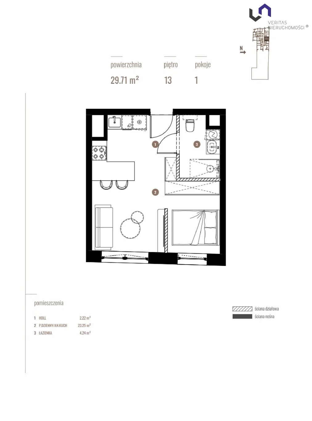 Mieszkanie na sprzedaż, 29,71 m², 1 pokój, 13 piętro, oferta nr VTS-MS-6899