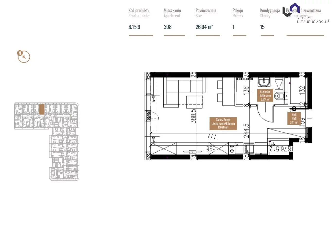 1 pokój, mieszkanie 26,15 m², piętro 15, oferta nr , VTS-MS-6304, Katowice, Śródmieście, Zabrska