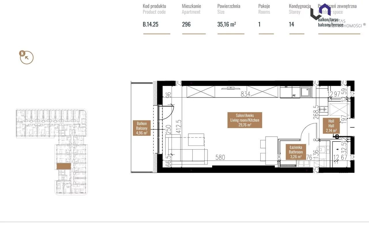 Mieszkanie na sprzedaż, 36,18 m², 1 pokój, 23 piętro, oferta nr VTS-MS-6308